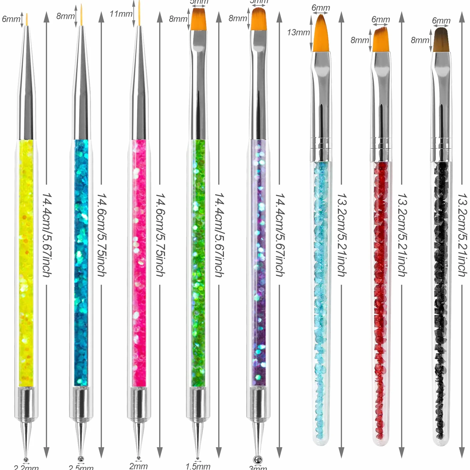 Sularpek Pennelli Unghie Gel, 8 Pezzi Penelli Unghie Professionali Set, Penne per Nail Art Attrezzi a Doppia Punta, con Manico con Strass e Setole in Nylon