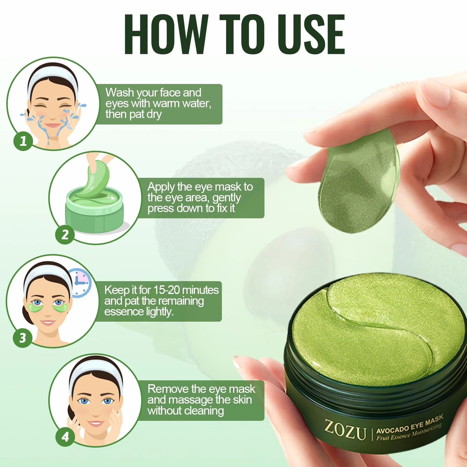 60 pezzi Maschera per Gli Occhi,Maschera per Gli Occhi di Acido Ialuronico Idratante,Avocado Patch Occhiaie, Rimuovi Borse e Gonfiore ,Pelle Lenitiva Ed è Facile da Usare
