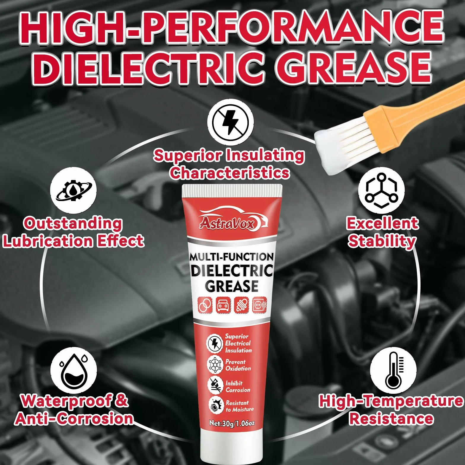 AstraVox Grasso Al Silicone Con Pennello Dielettrico 1.06oz Impermeabile Resistente Calore