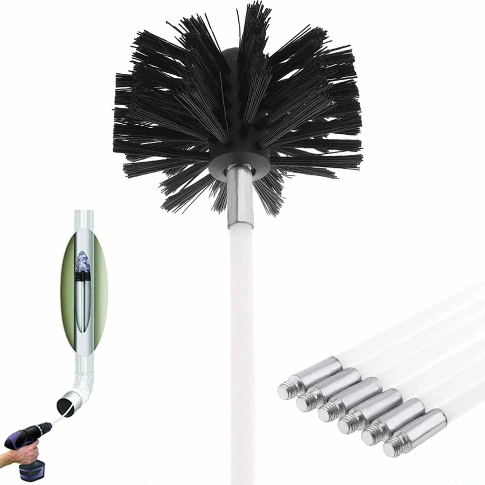 Spazzole per Camini in Nylon con 6 Aste Flessibili e 1 Testina per Pulizia Camino
