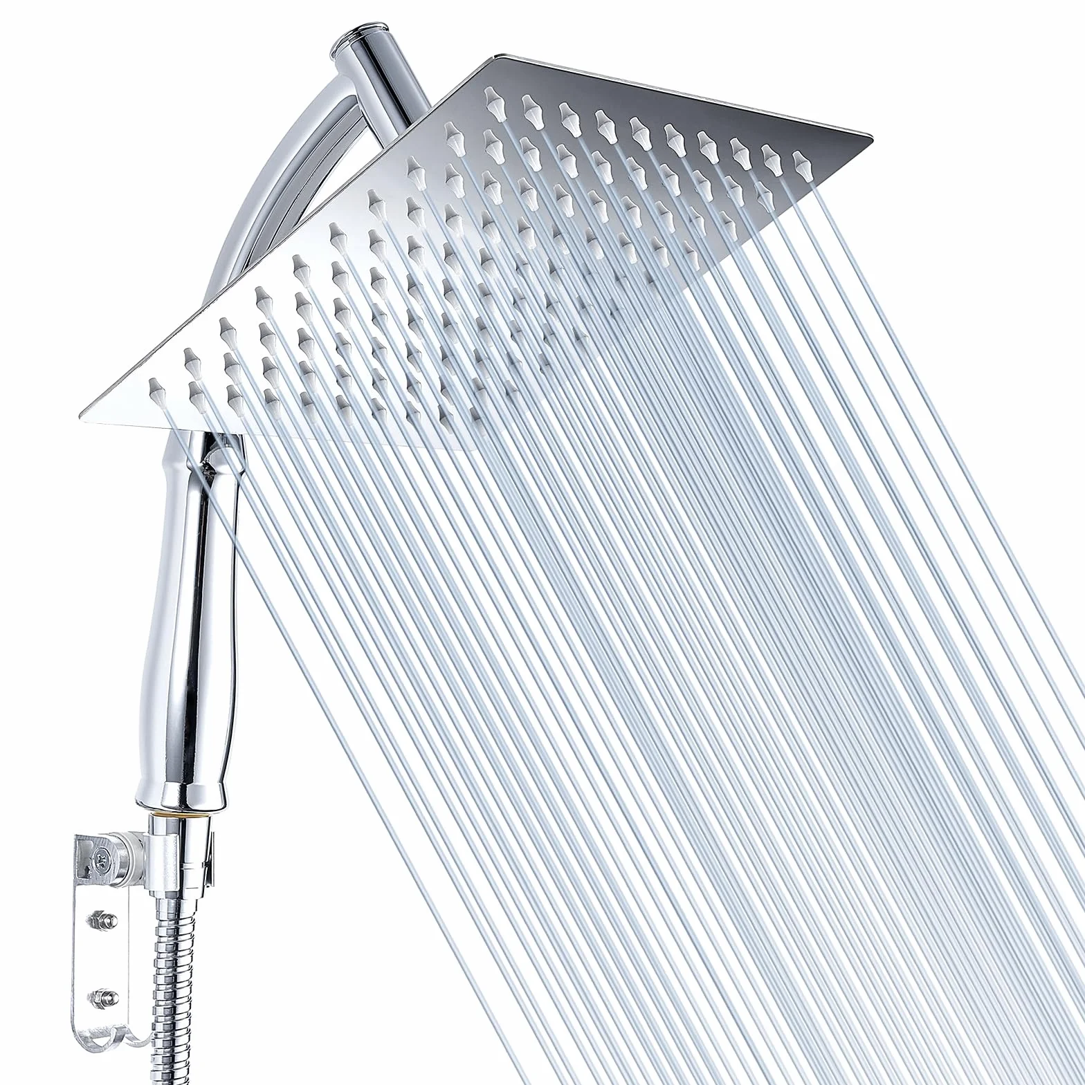 Soffione Doccia Voolan Rain 20cm Cromato Alta Pressione Quadrato con Braccio Doccia Portatile