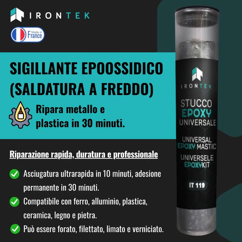 Mastice Epossidico Bicomponente IRONTEK 57g Resistenza 150°C Asciugatura 10 Min Auto Moto