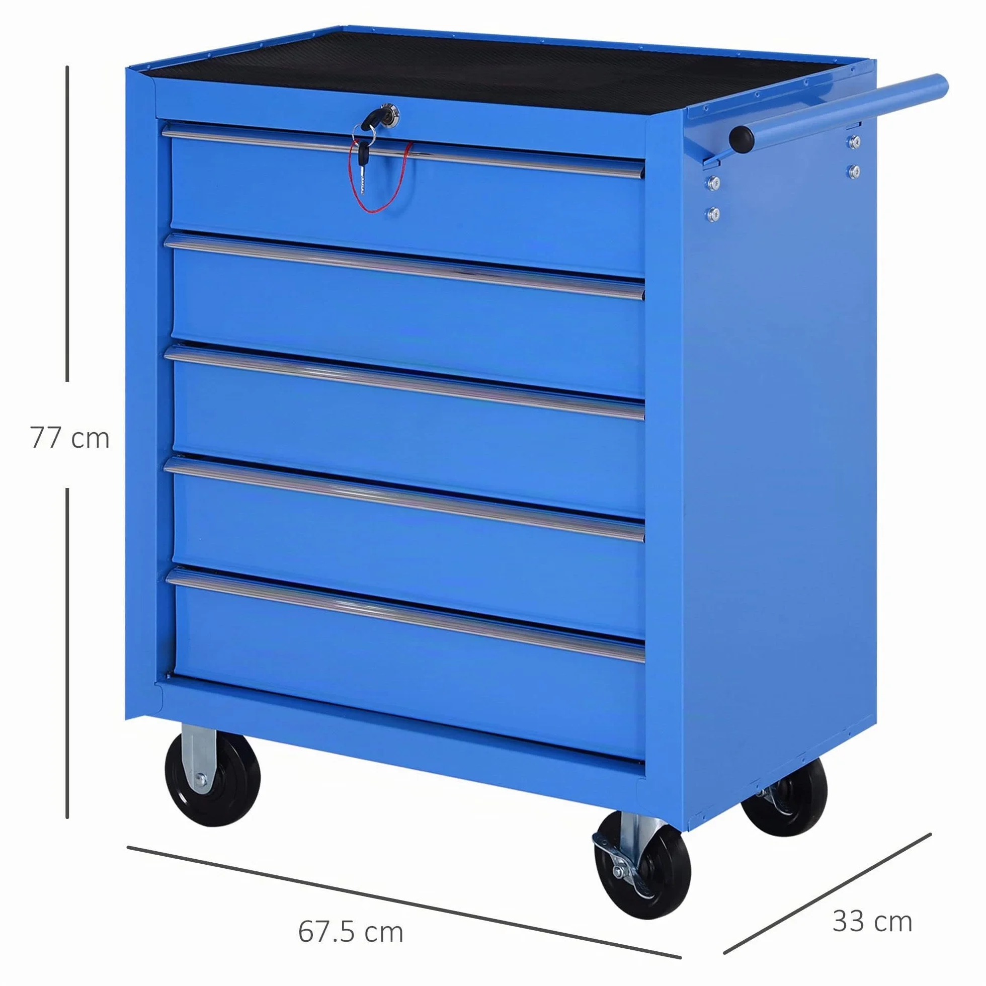 HOMCOM Carrello da Officina 5 Cassetti con Ruote in Metallo Blu 67.5x33x77cm
