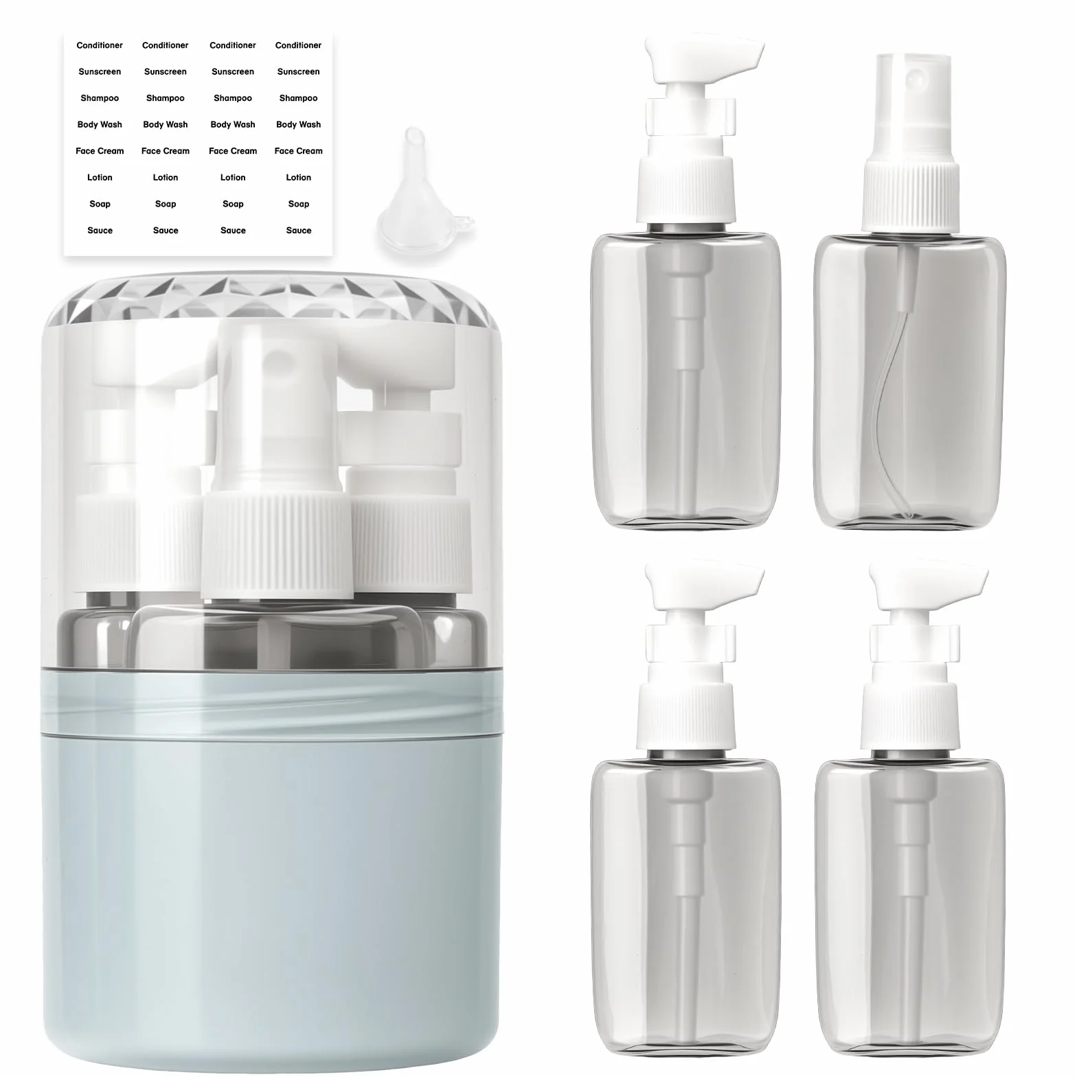 Contenitori Da Viaggio Per Liquidi 4-in-1 Set Riempibile, Accessori Viaggio Aereo Pompa 50ml Etichette Adesive, Regali Utili Per Chi Ama Viaggiare Impermeabile Antifuga Viaggio Ufficio (Blu)