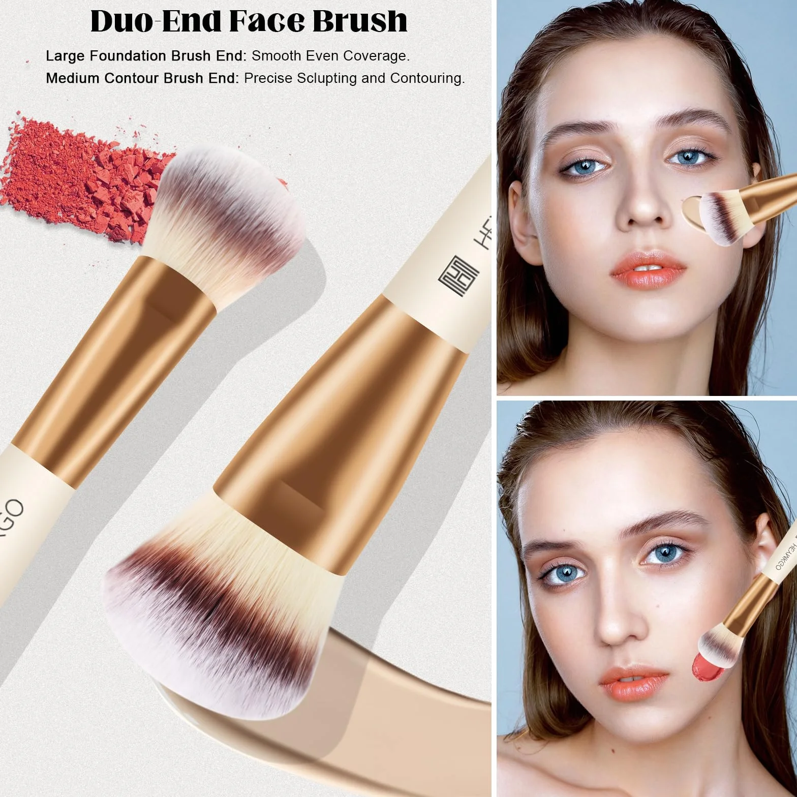 HEYMKGO Pennello Fondotinta 4 pezzi Pennello a doppia estremità 2-in-1 Pennelli Make Up Kabuki Pennello Professionale Fondotinta Cipria Fard Correttore Ombretto liquidi Crema pennello contouring viso