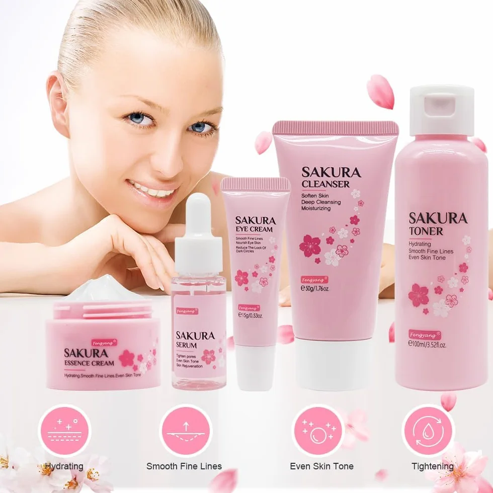 Fengyang ®Set per la Cura Della Pelle Sakura,Cura Della Pelle Viso,5pcs Set Regalo per la Cura Della Pelle,Con Detergente,Toner,Crema Occhi,Siero,Crema,Regalo per Adolescenti Ragazze Signora(5Pcs)