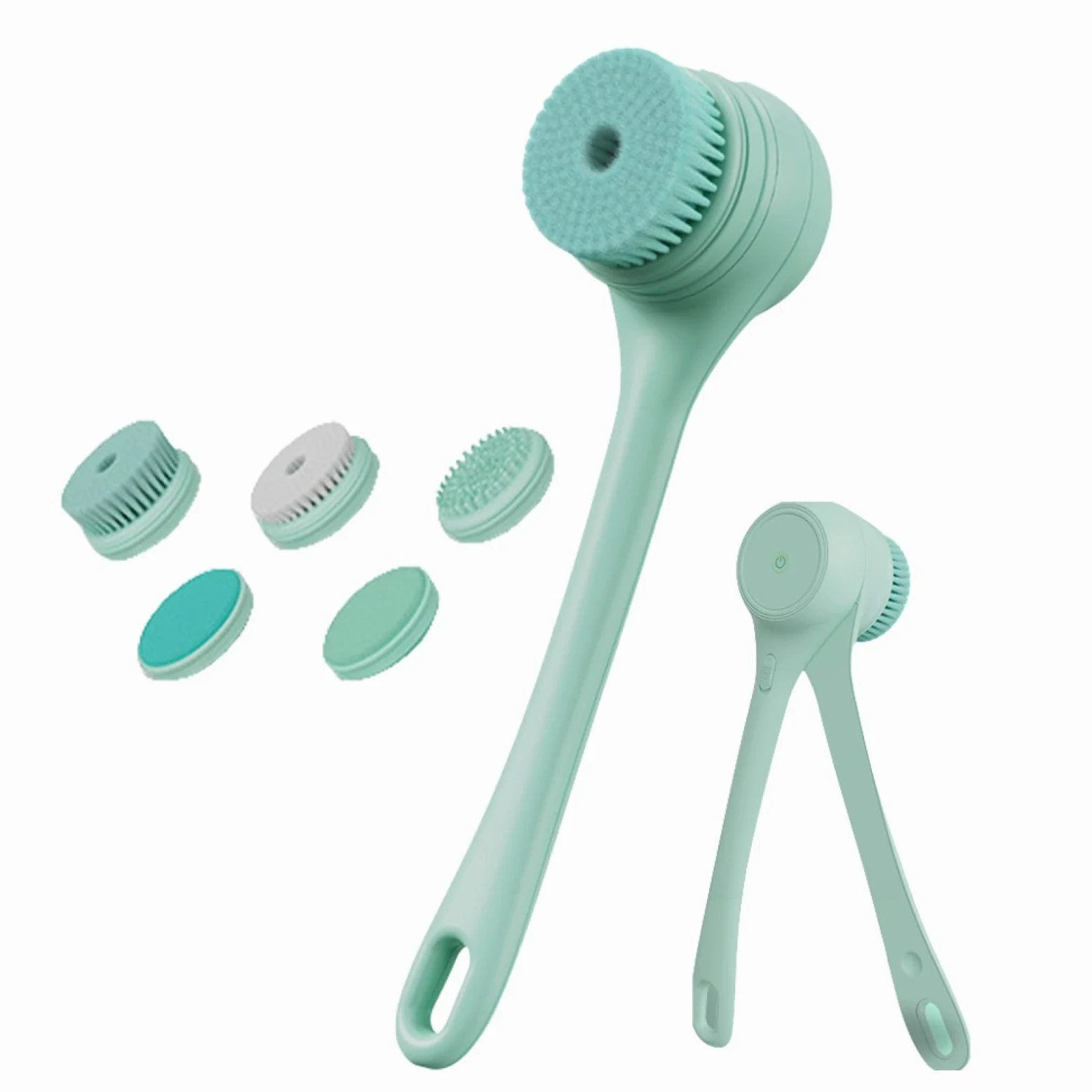 Scrubber per la schiena per doccia, spazzola da bagno a doppio manico con | ricarica USB e manico lungo, spazzola elettrica a 5 teste per massaggio e rost