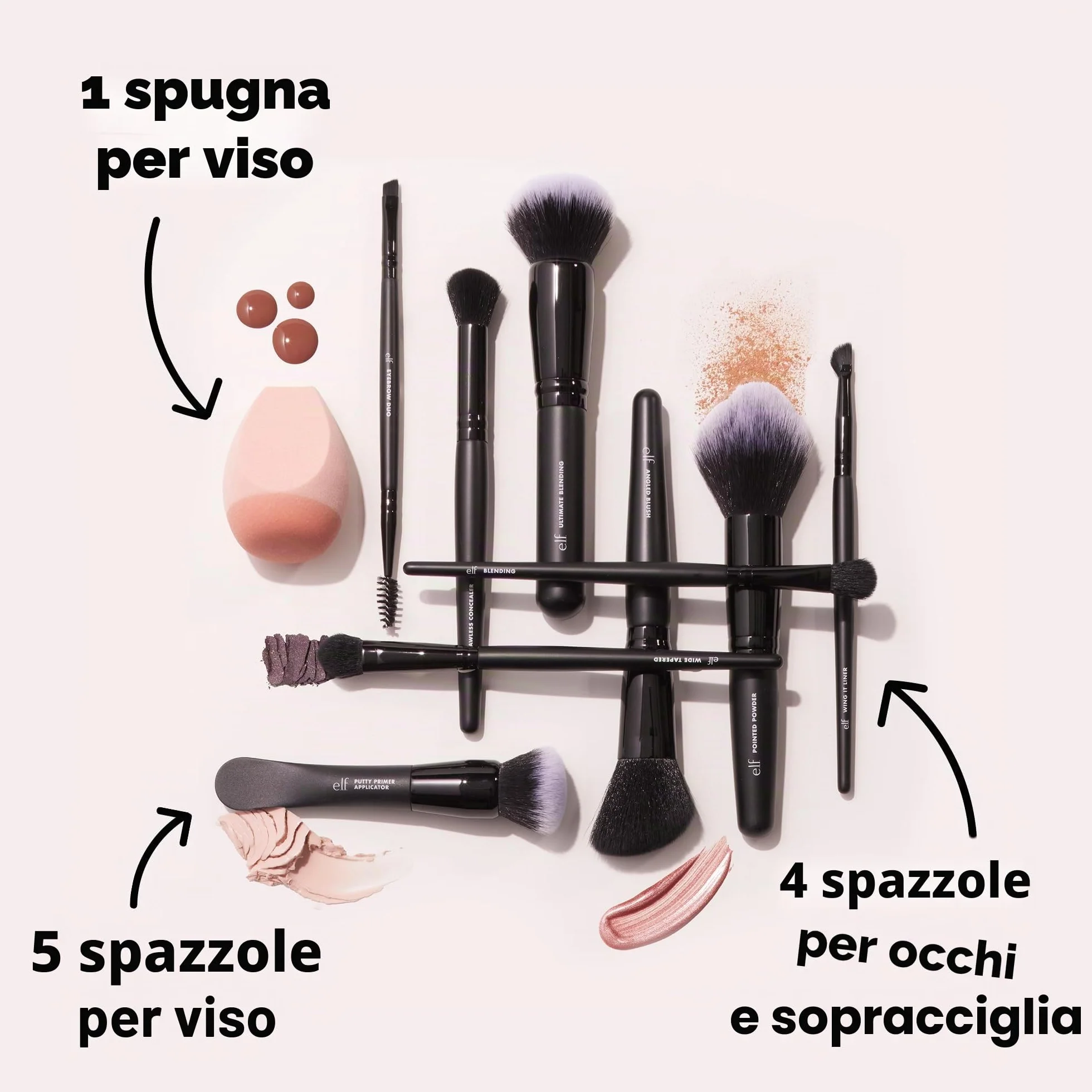 e.l.f. Ten Out Of Ten Brush Set, set di 10 pennelli per make-up viso, occhi, sopracciglia e altro, realizzati con setole sintetiche, prodotto vegano e non testato sugli animali