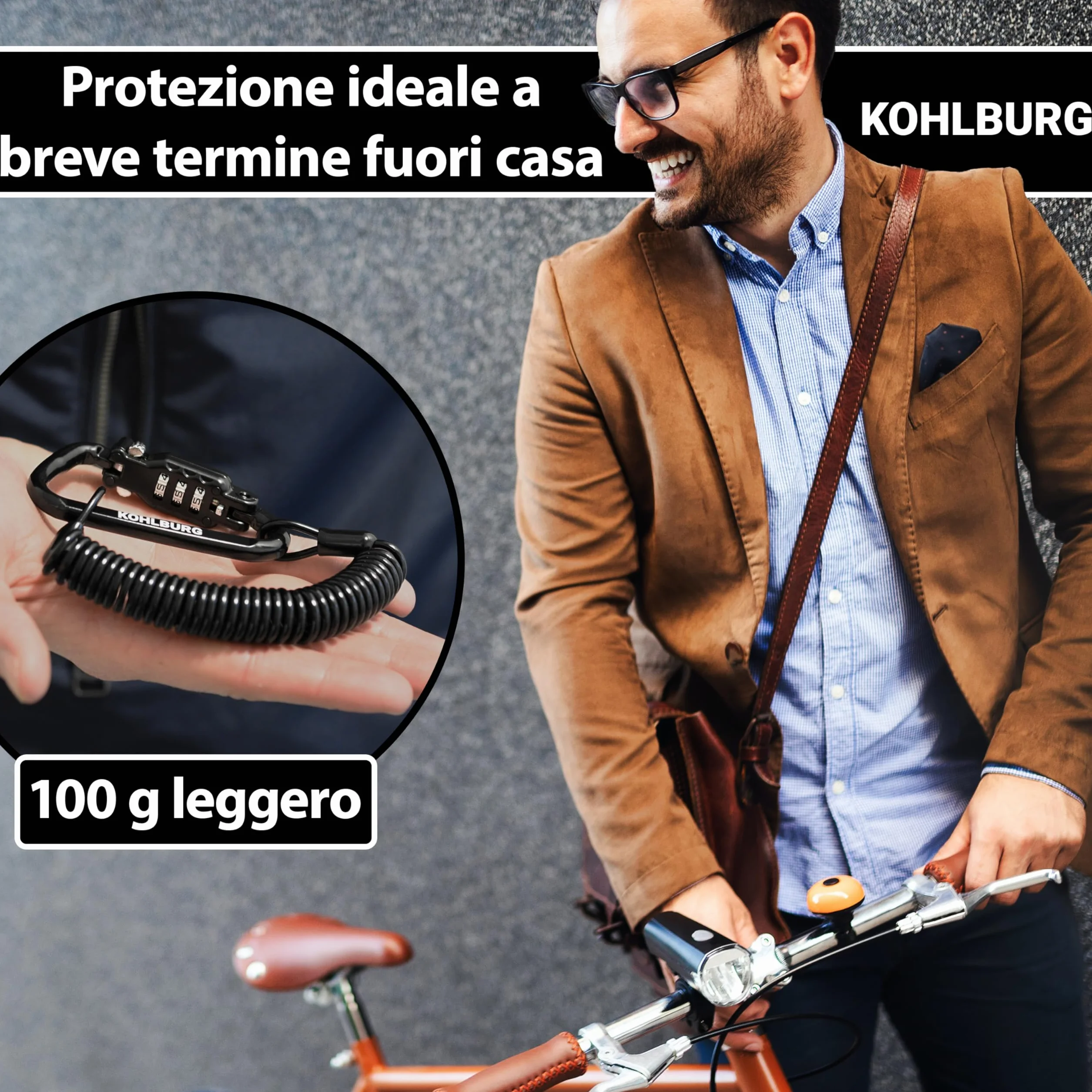 KOHLBURG lucchetto con combinazione extra lungo 180 cm cavo 3 mm per moto, bicicletta, valigia, snowboard
