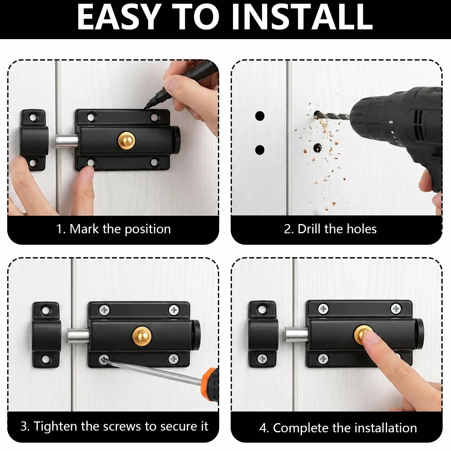 Chiavistello Porta 3 Pollici Acciaio Inox Serratura con Pulsante di Rame Chiusura Automatica a Molla Universale Sinistra Nero 4 Pezzi