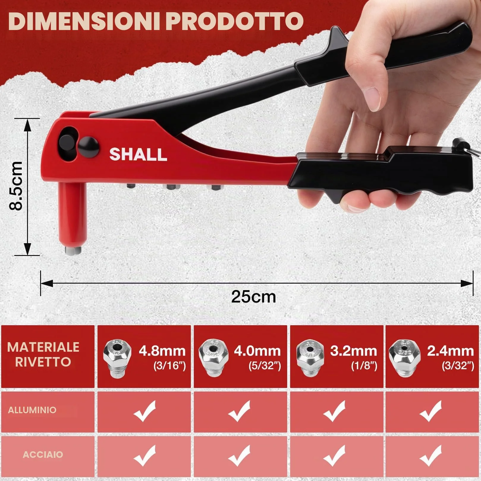 SHALL Set Rivettatrice Manuale 4 in 1 200 Rivetti 4 Misure 2,4-4,8 mm