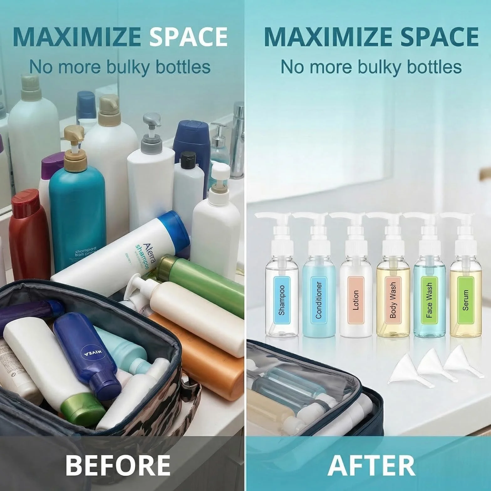 6 Pezzi Distributore a Pompa Airless 50ml, Flacone a Pompa Vuoto in Plastica Trasparente, Distributore di Crema & Sapone, Inclusi 3 Imbuti & 1 Etichetta, Ideali per Cosmetici, Shampoo & Crema