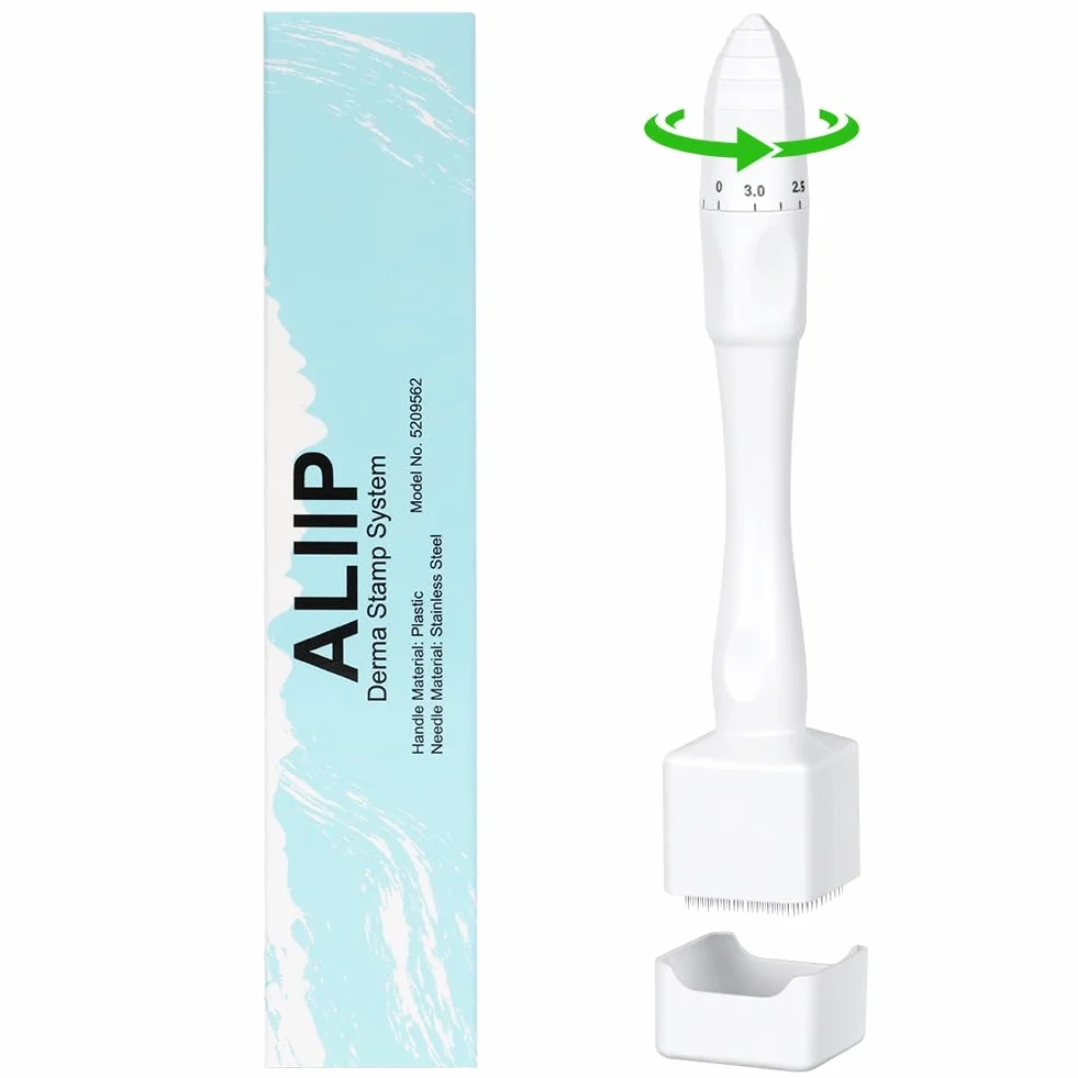 Timbro Dermastamp Derma Stamp Regolabile 0-3 mm Professionale Dermastamp Microneedling Regolabile, Derma Roller per Capelli, Barba, Viso, Corpo, Bianco(140 perni)
