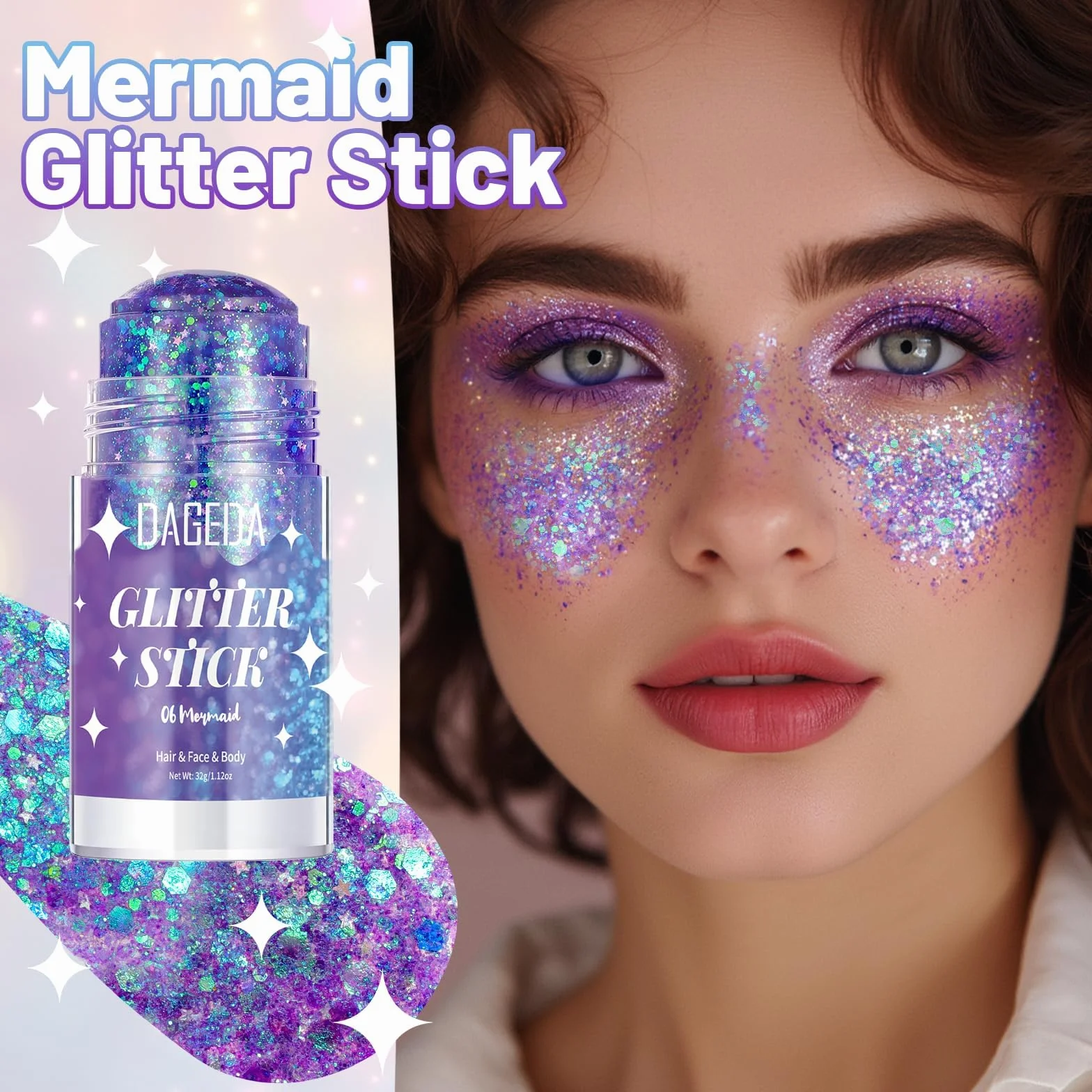 Prreal Sirena Glitter Stick per il Corpo, Glitter Scintillante per Capelli e Viso, Trucco per Donne, Accessori per Outfit da Rave, Glitter Olografico per Viso Sirena, Pennello per Trucco per Donne