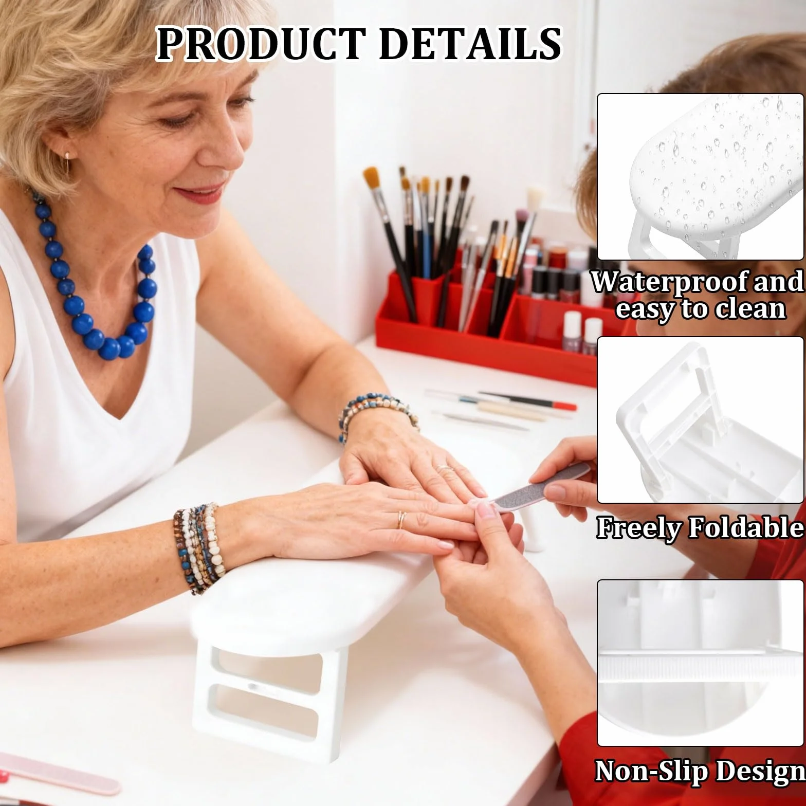 poggiamani per salone di bellezza, pieghevole cuscino poggiamani con pinzetta di precisione in acciaio inossidabile da 80 mm per manicure domestica e saloni di bellezza (bianco)