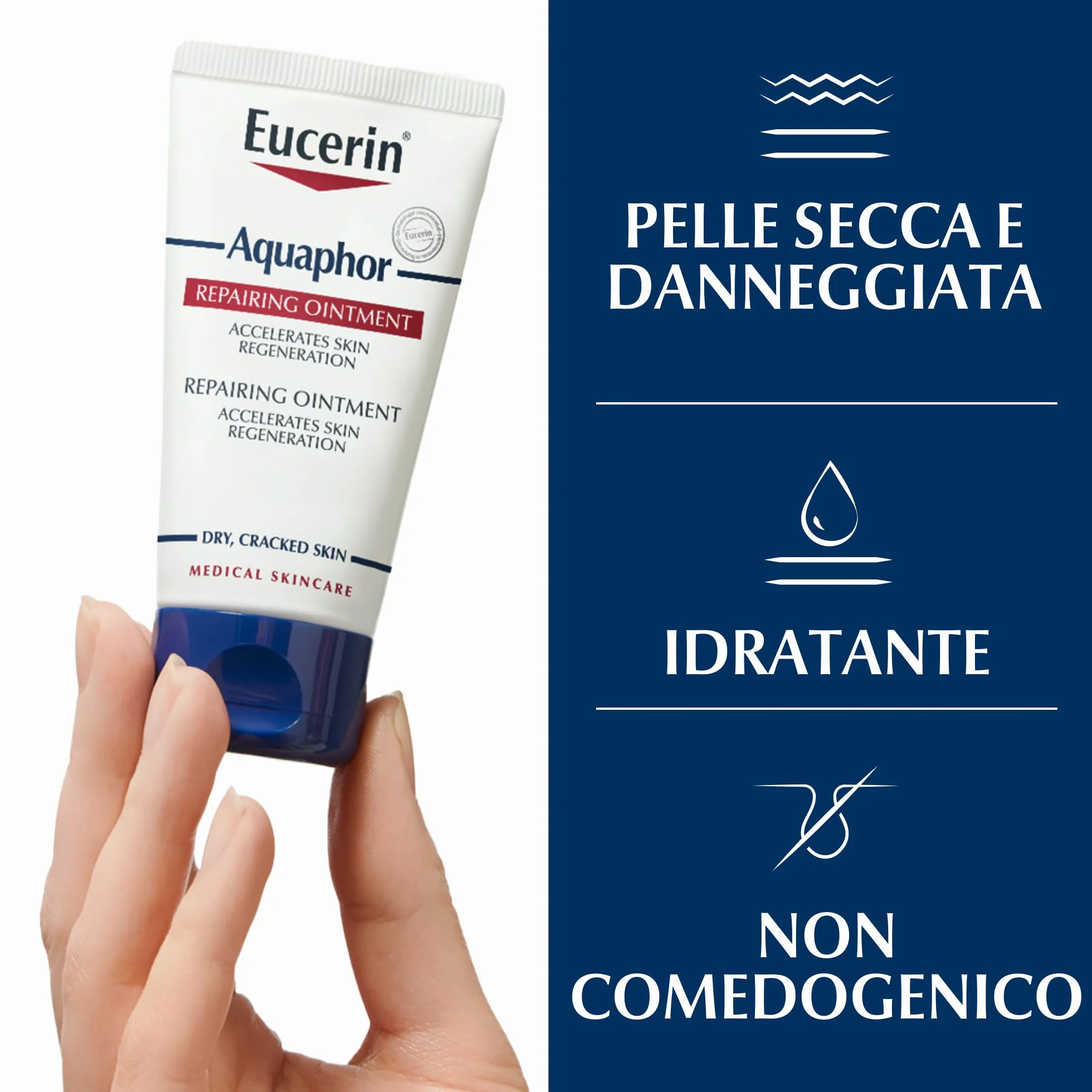 Eucerin Aquaphor Trattamento Riparatore 45 ml, Crema idratante corpo e viso per favorire il processo di guarigione,, Crema corpo idratante pelle secca e screpolata senza profumo