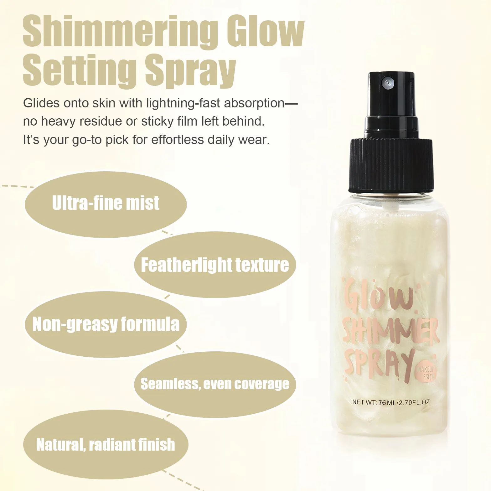 Spray glitterato da 80 ml, impermeabile, per il viso, per capelli e corpo, nebbia ultra fine, copertura uniforme, make up veloce e brillante (01 bianco perla)
