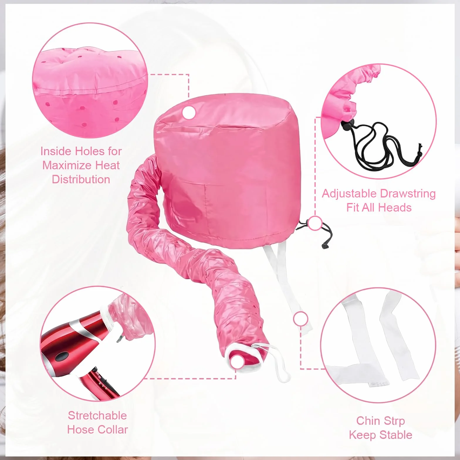Casco per Asciugacapelli,Caschi per Asciugatura,Bonnet Casco per Asciugacapelli con Elastico per Attacco Phon,Casco Riscaldata Per La Profondo Cura Dei Capelli,Asciugatura,Acconciatura,Arricciatura