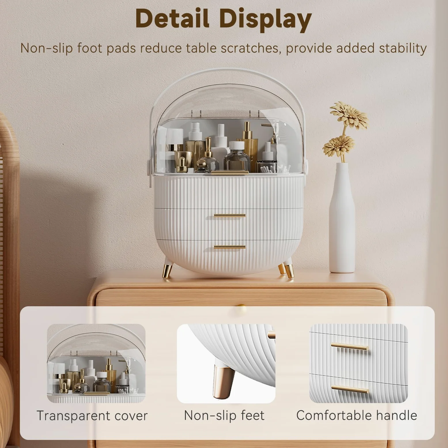 BTGGG Organizzatori per trucchi, organizer per trucchi da tavolo, con cassetti e copertura trasparente, per camera da letto e bagno (bianco)