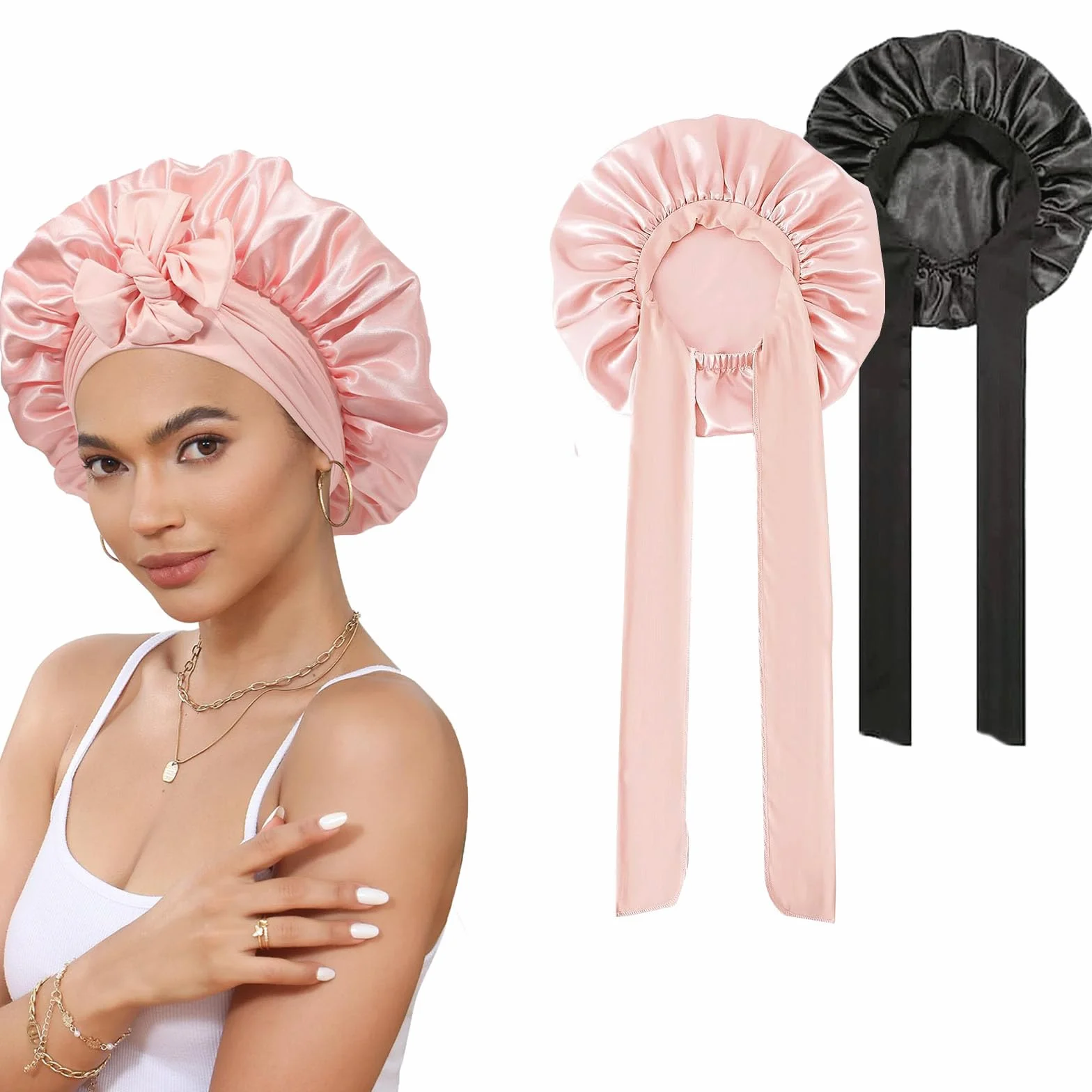 2 Pezzi Cappello da Notte in Raso Bonnet,Berretto da Notte in Seta,Berretto da Notte Raso Elastico,Cuffia Seta Capelli Ricci,Notte Cuffia in,per Dormire,Doccia