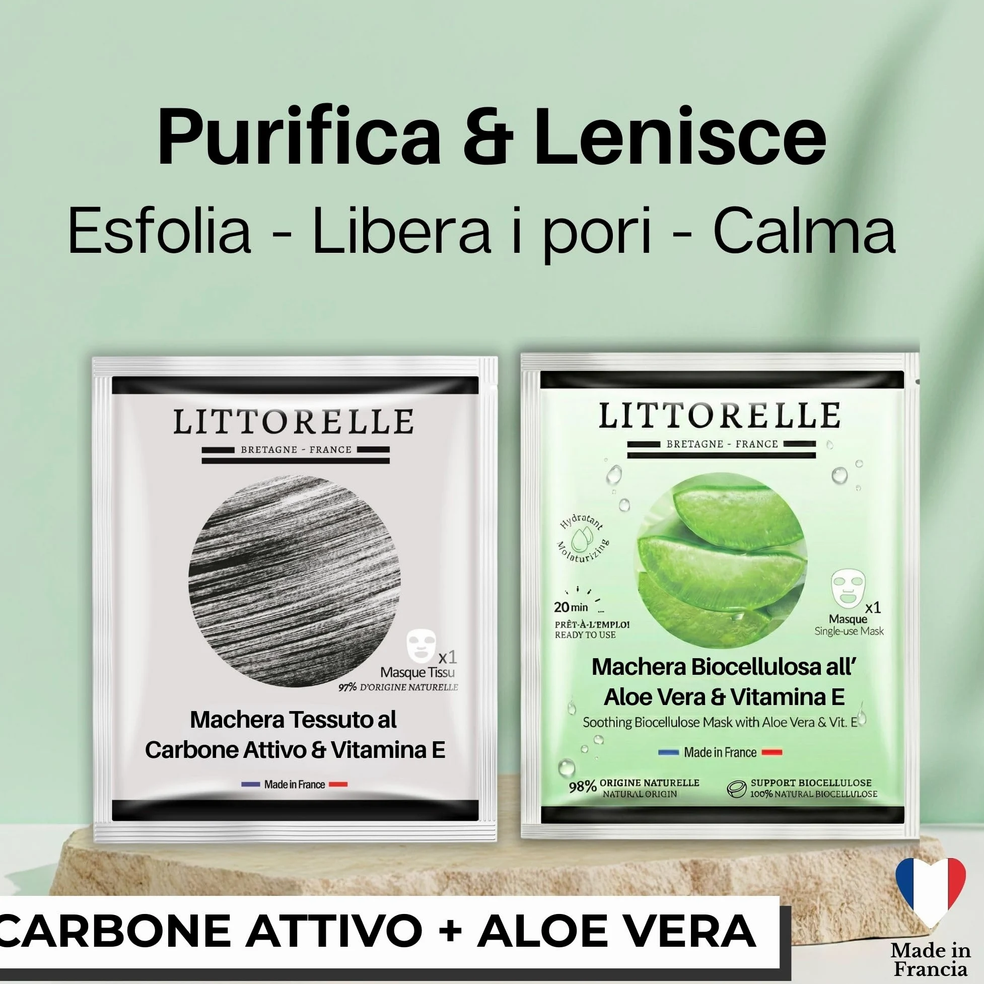 Cofanetto Bellezza 10 Maschere Viso in Tessuto & Patch Occhi Idrogel - Made in France - Idratante, Anti-Età, Detox al Collagene, Acido Ialuronico, Aloe Vera - 96% Origine Naturale - 2 Certificate Bio