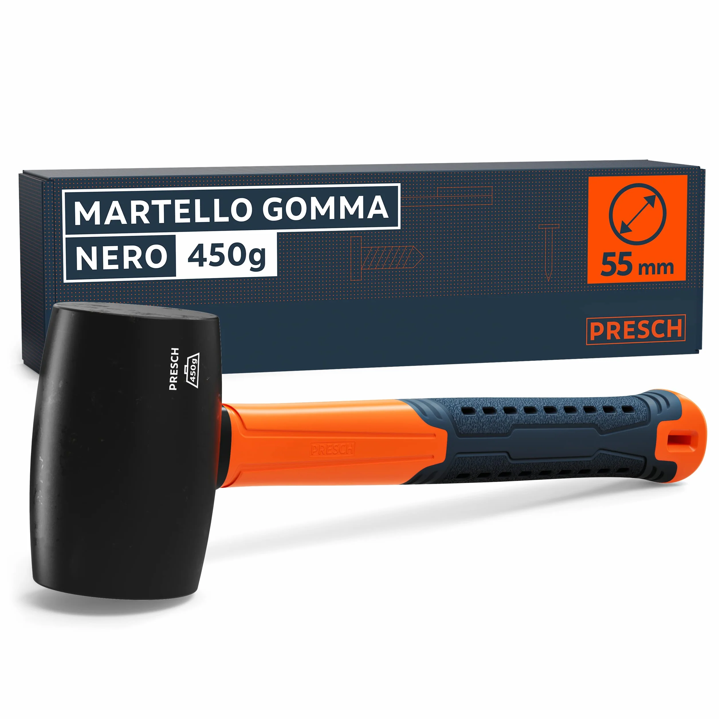 Presch Martello di gomma 450 g Mazza con manico in fibra di vetro ⌀ 55 mm Testa in materiale naturale per esterni