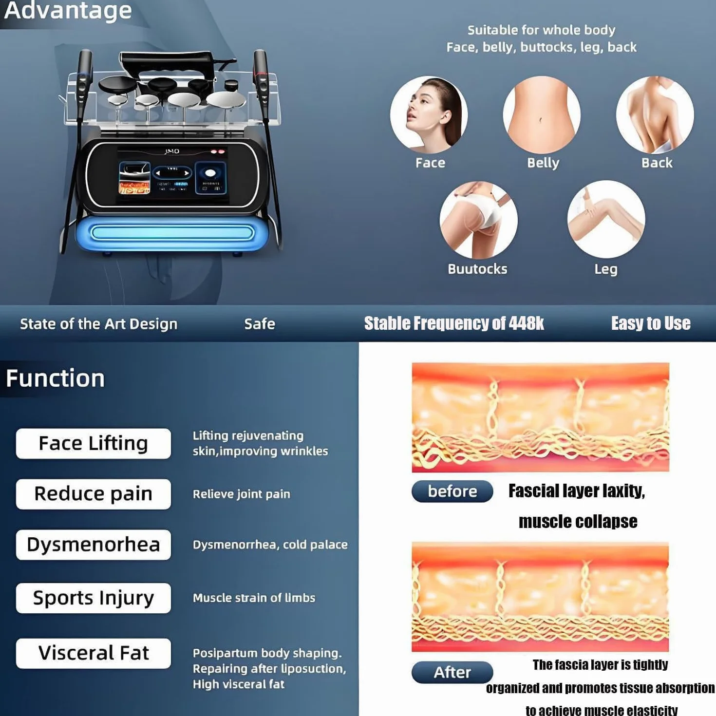 Apparecchio per terapia a diatermia Tecar, terapia a radiofrequenza a 448 kHz, modalità monopolare CPA RES, lifting del viso, rassodamento della pelle per la riduzione della cellulite e del grasso