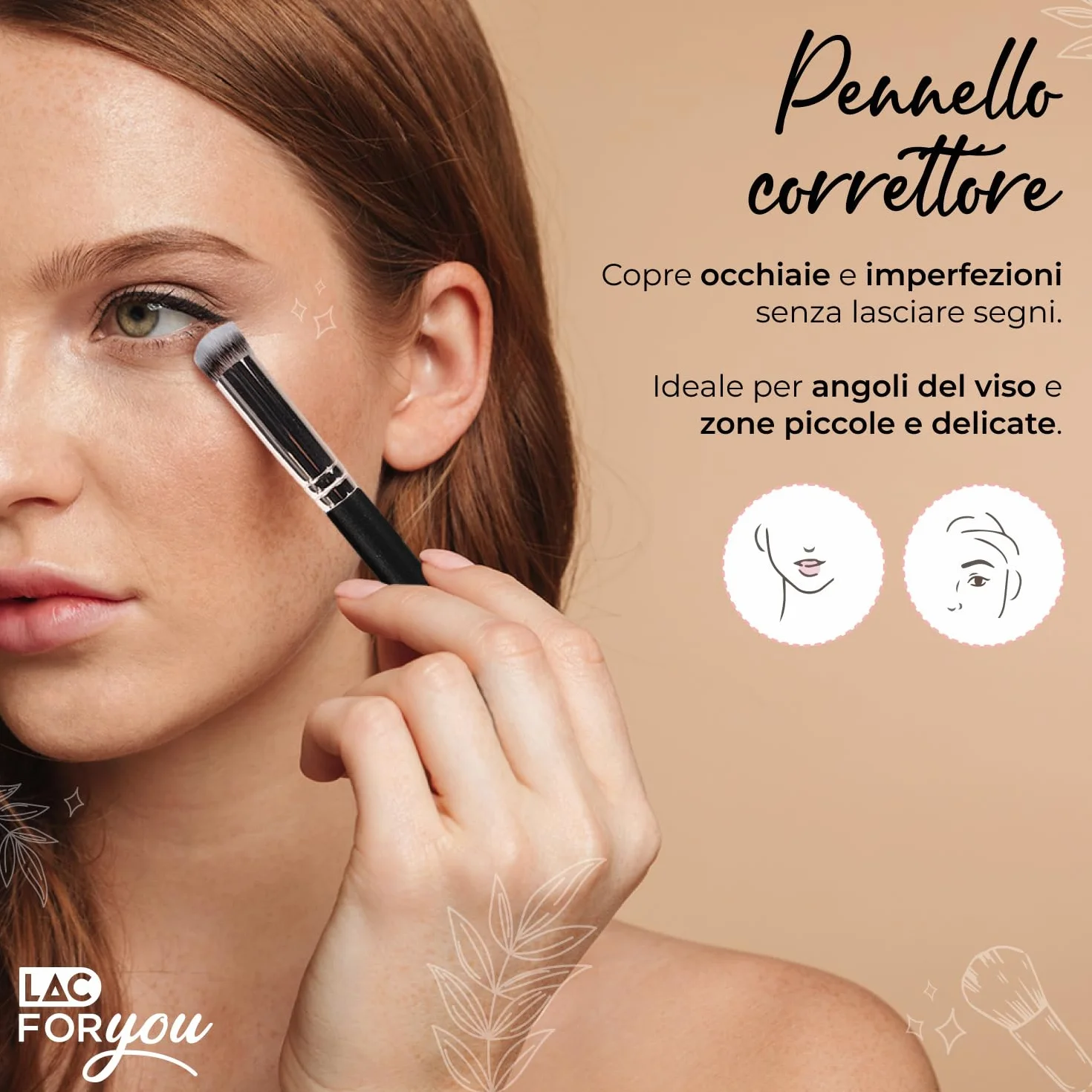 LAC FOR YOU Set 2 Pennelli Fondotinta & Correttore – Pennello Fondotinta Obliquo a Setole Dense e Pennello Correttore Precisione Occhiaie – Manico Cilindrico Ergonomico