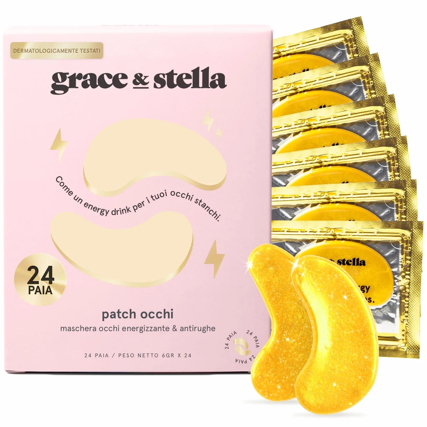 Patch Occhi (24 Paia, Oro) – Riduce Occhiaie, Gonfiori, Borse Sotto gli Occhi e Rughe – Patch Borse in Gel – Maschera Occhi Vegan, Non Testata Sugli Animali – Eye Patch by grace & stella
