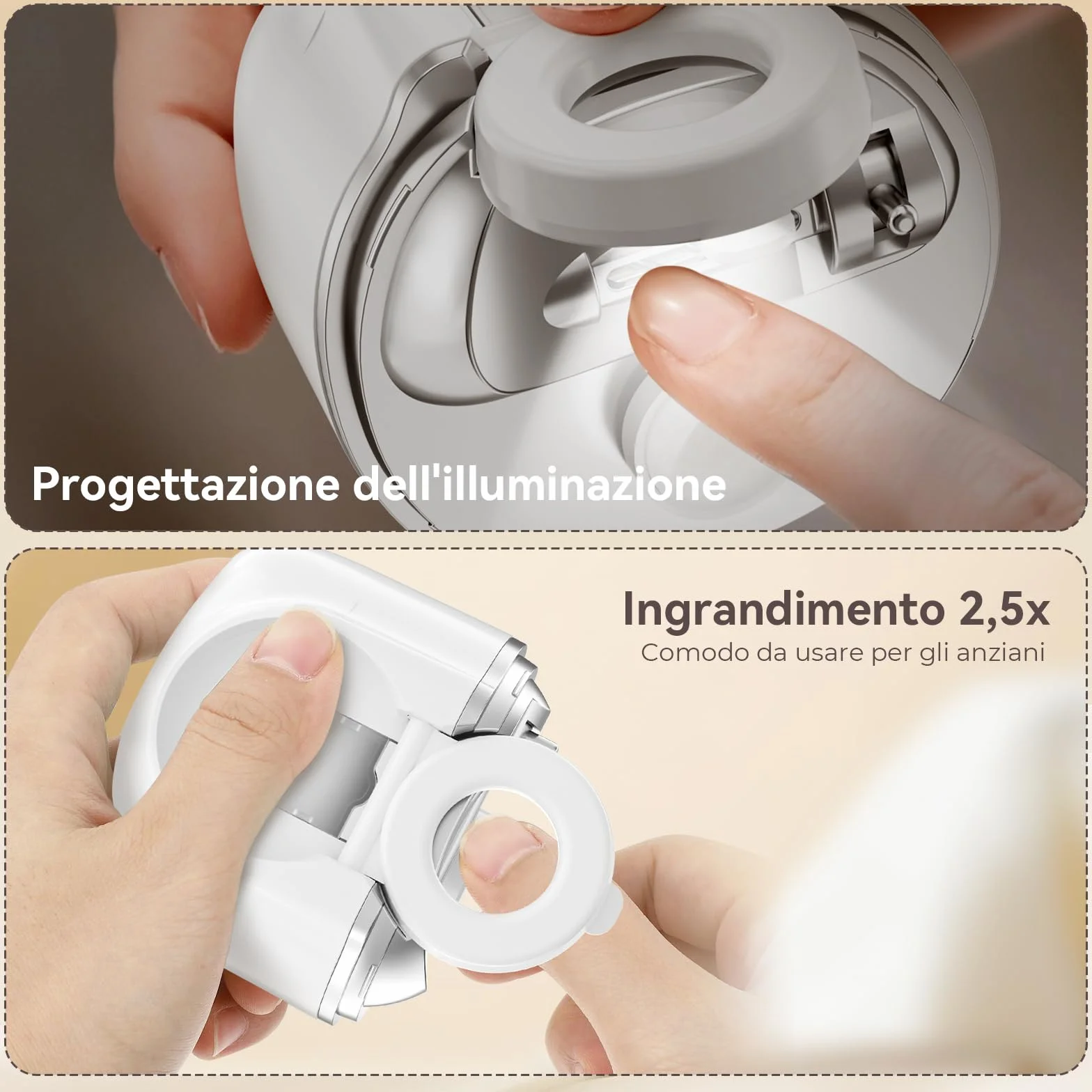 Tagliaunghie elettrico, tagliera unghie automatica ricaricabile USB e macinatrice lucidatura con luce a LED, tagliera unghie automatica a 3 livelli di velocità silenziosa (Bianco N)