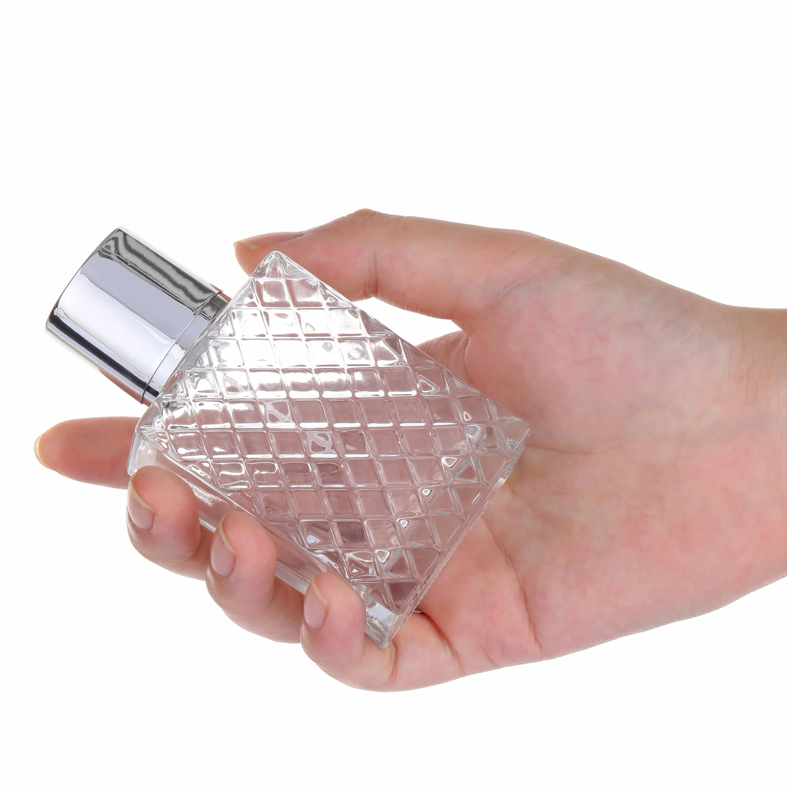 Bottiglia spray per profumo, da 50 ml / 1,7 fl.oz, con nebulizzatore trasparente, ricaricabile, in vetro, flacone vuoto, dispenser quadrato portatile, Argento, 1.7 Ounces