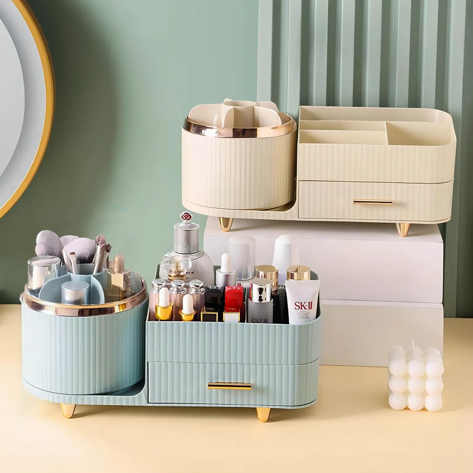 DASITON Organizer Trucchi Rotante a 360°, Porta Trucchi Organizer per Cosmetici con Cassetti,Organizzatore Trucchi di Grande Capacità, Porta Pennelli Makeup per Bagno, Camera da Letto (Crema)