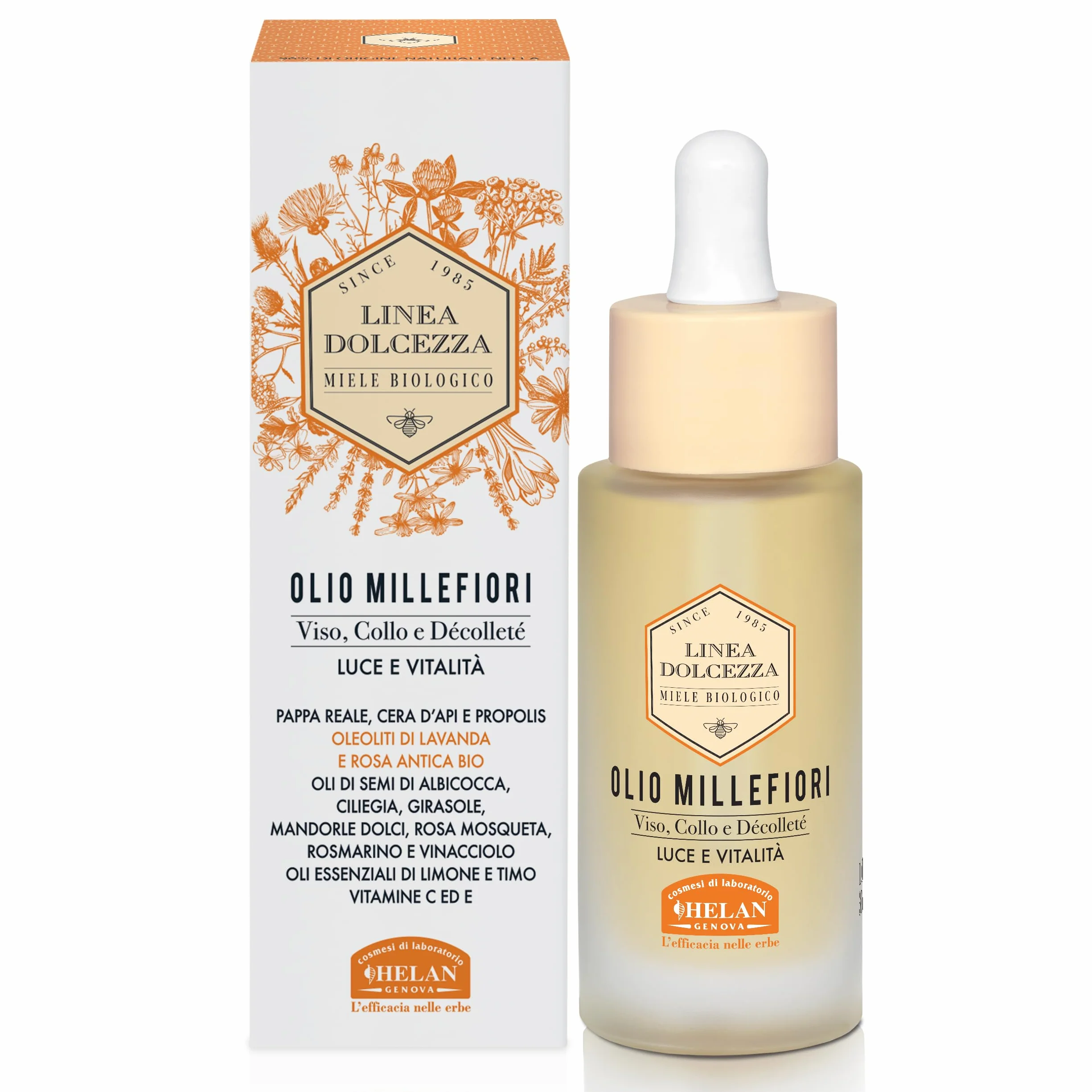 Helan Linea Dolcezza - Olio Viso, Collo e Décolleté Millefiori, Idratante e Antirughe, con Cera d’Api e Propolis, Olio Secco a Rapido Assorbimento - Prodotti Skincare Viso, Made in Italy, 30 ml