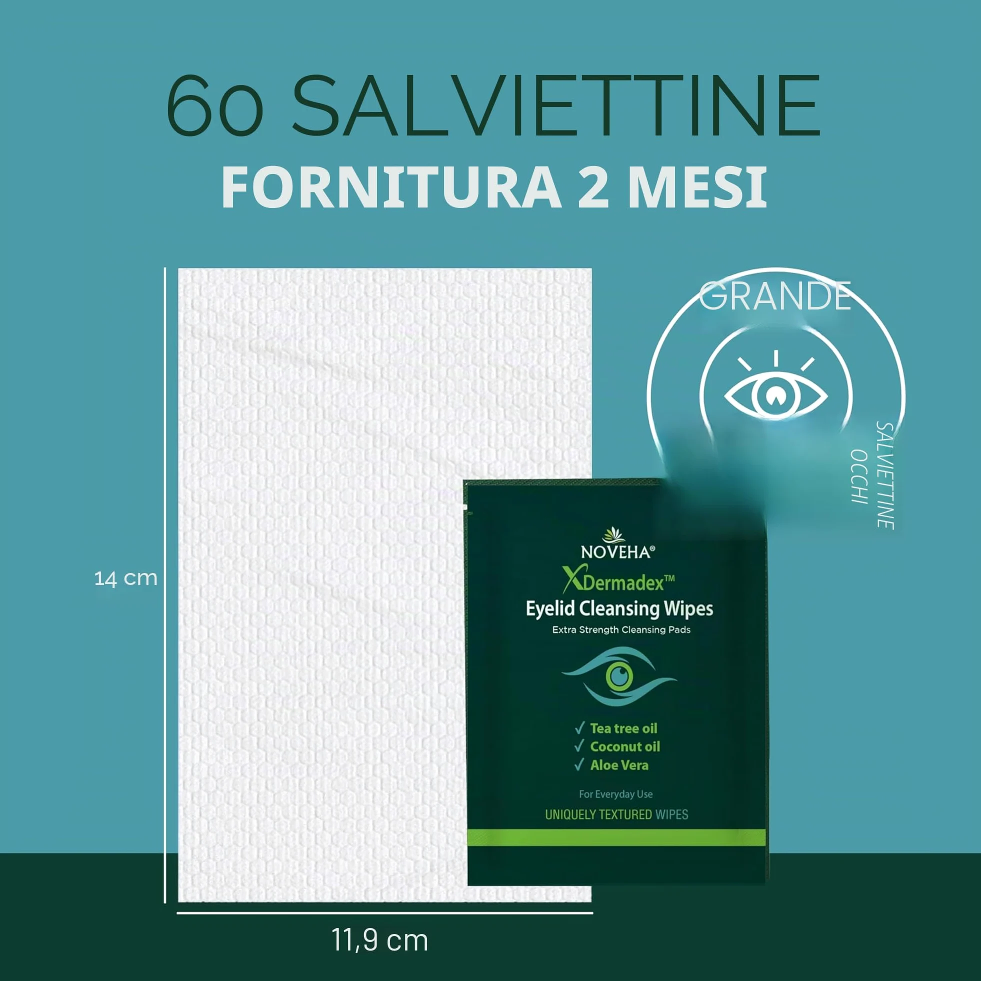 NOVEHA Salviette per palpebre con olio di tea tree, 180 pezzi, salviette detergenti per occhi, per palpebre, ciglia e pelli sensibili, rinfrescanti per la cura quotidiana del contorno occhi