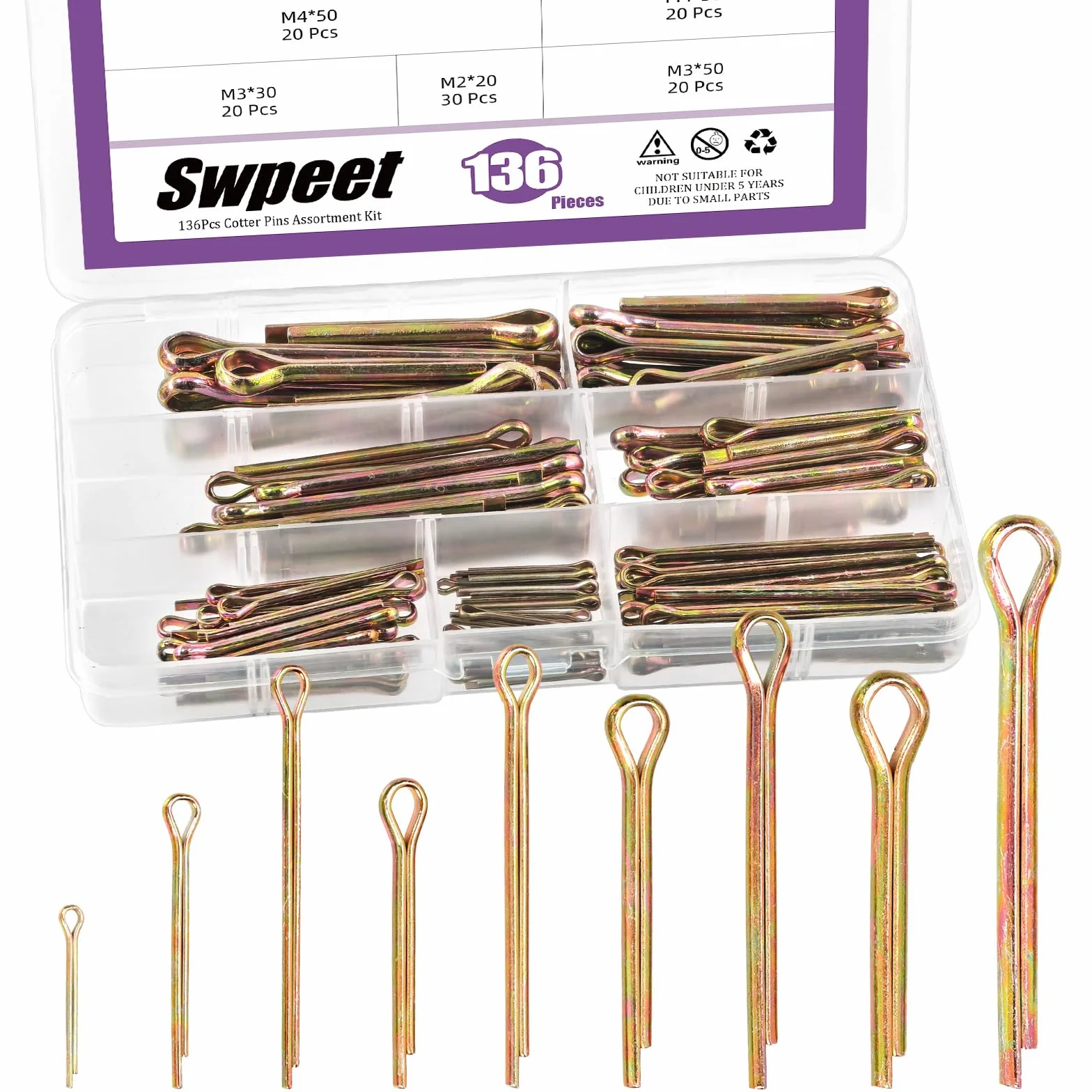 Swpeet 136 pezzi Cotter Pin Assortimento Kit M2 M3 M4 M5 M6 zinco placcato
