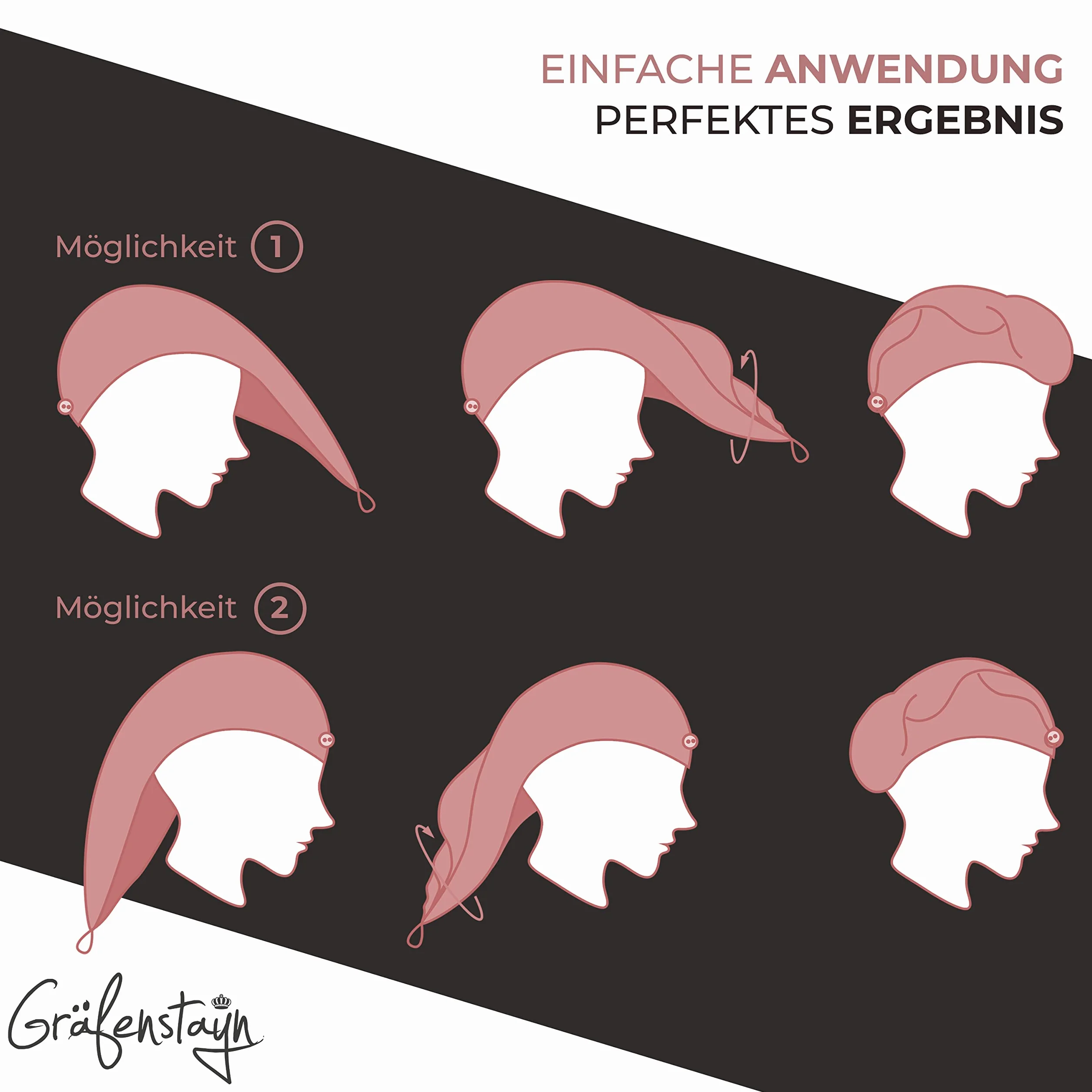 Gräfenstayn Set di 3 Asciugamani per Capelli in Microfibra con 2 bottoni - Asciugamano a turbante ad asciugatura rapida e assorbente - per capelli corti e lunghi (Fucsia)