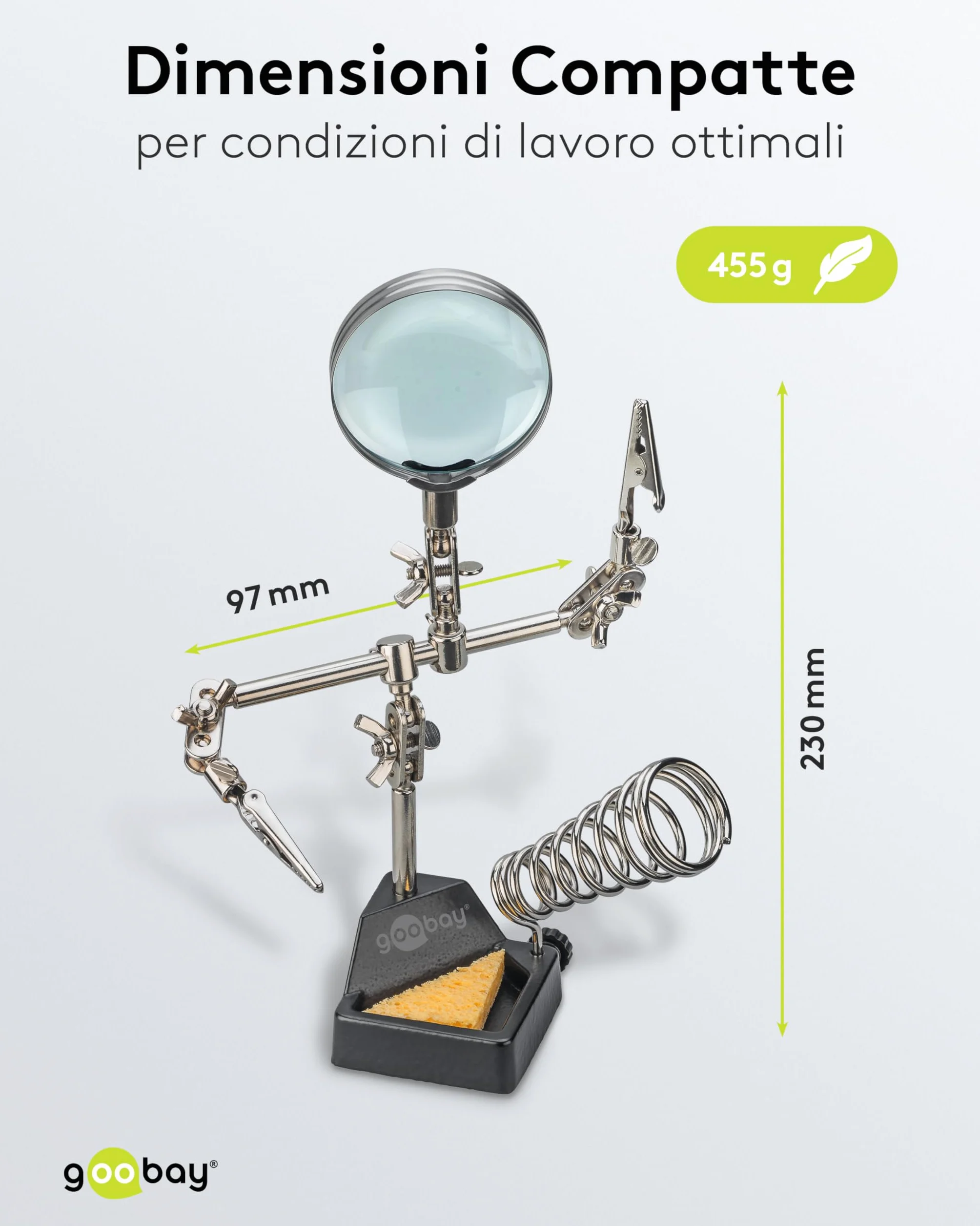 goobay Terza mano lente d'ingrandimento supporto saldatore ingrandimento 2,5x morsetti a coccodrillo flessibili base robusta