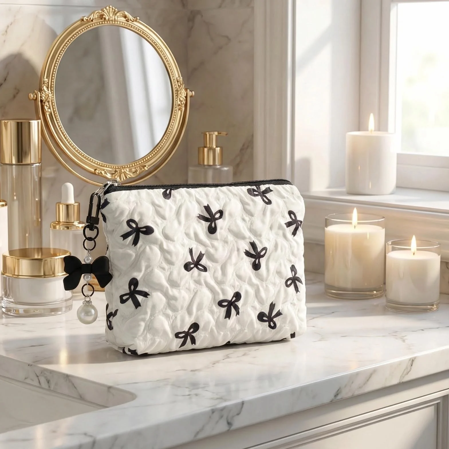 Set di 2 trousse per trucchi piccoli, con eleganti fiocchi, mini borsa per trucco, borsa per trucco, borsa per trucco, borsa per cosmetici, borsa da toilette da donna, 14 x 10 cm