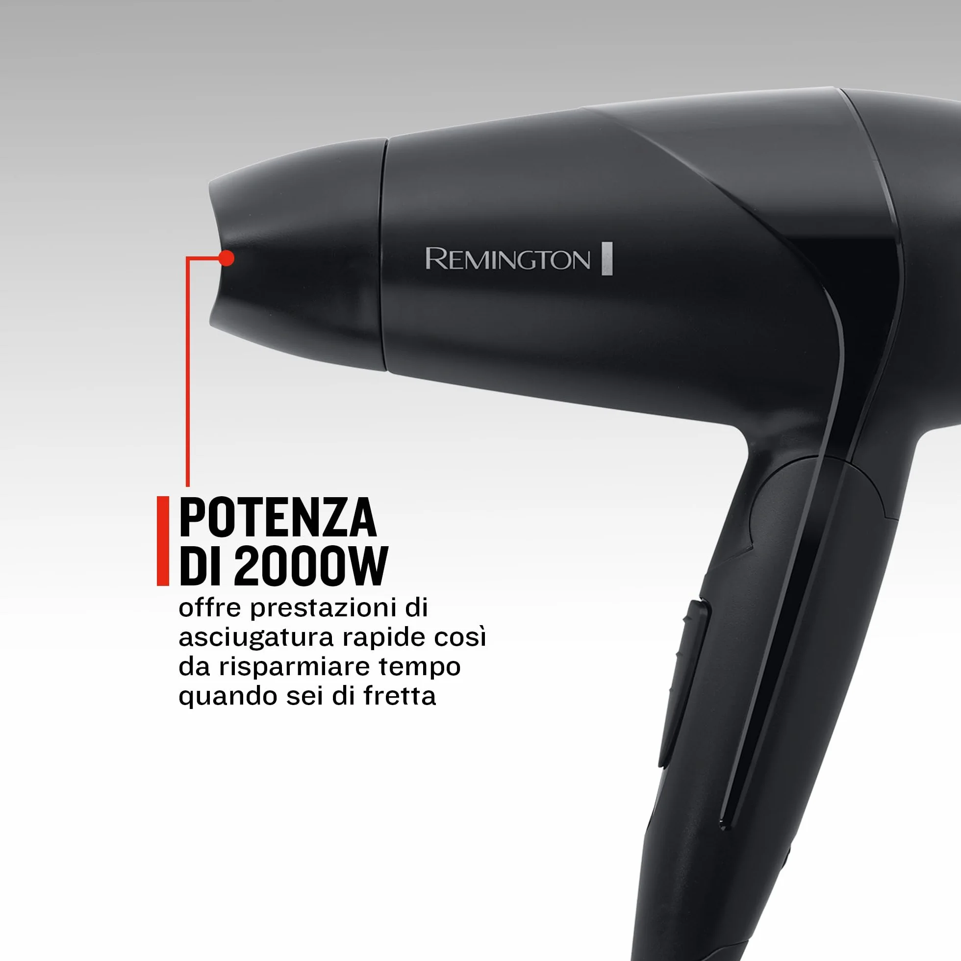 Remington Asciugacapelli 2000W - Pieghevole e Potente - Asciugacapelli da Viaggio, Bacchetta e Diffusore per styling, 2 livelli di riscaldamento e ventola, On The Go D1500