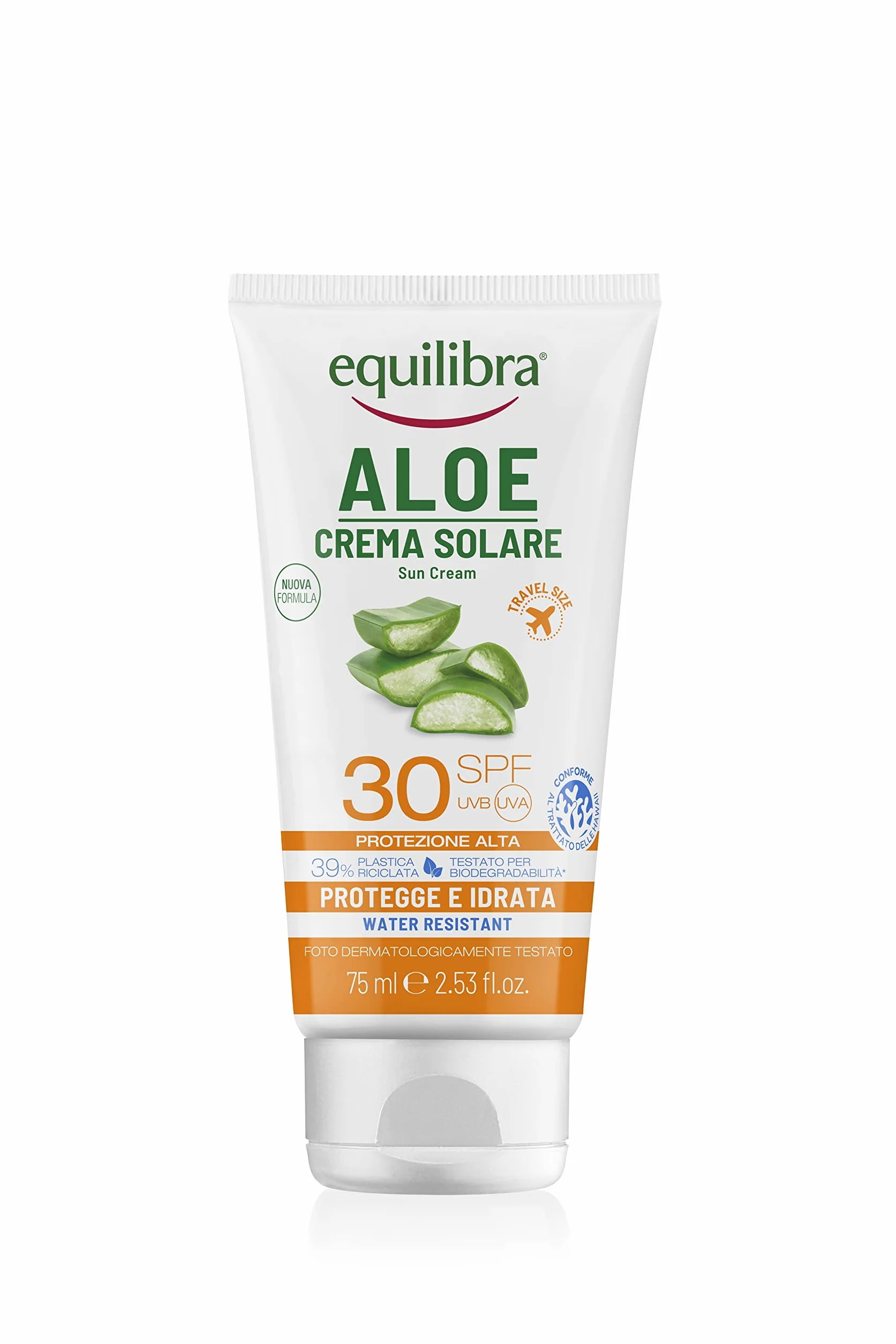 equilibra Solari, Aloe Crema Solare SPF 30 Travel Size, a Base di Aloe Vera, Vitamina C ed E, Olio di Argan, Olio di Cocco e Burro di Karité, Per un'Abbronzatura Sana e Naturale, Water Resistant, 75ml