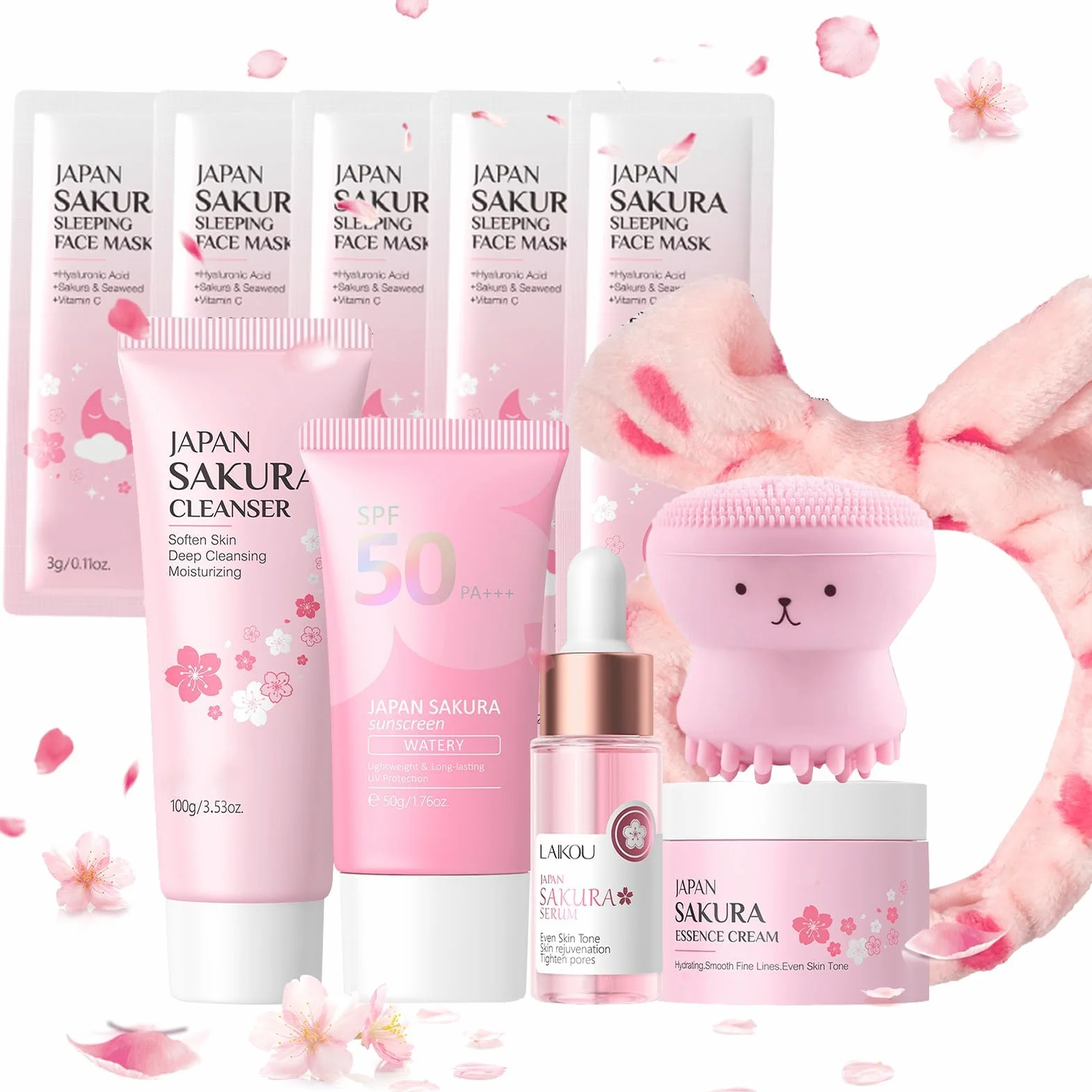 Kit per la Cura della Pelle Sakura 11 Pezzi,Include Fascia skincare, Spazzola per il viso,Pulizia,Crema solare 50,Essenza,Crema,Maschera per la notte (x5),Sakura Skincare Set per Ragazze Donne