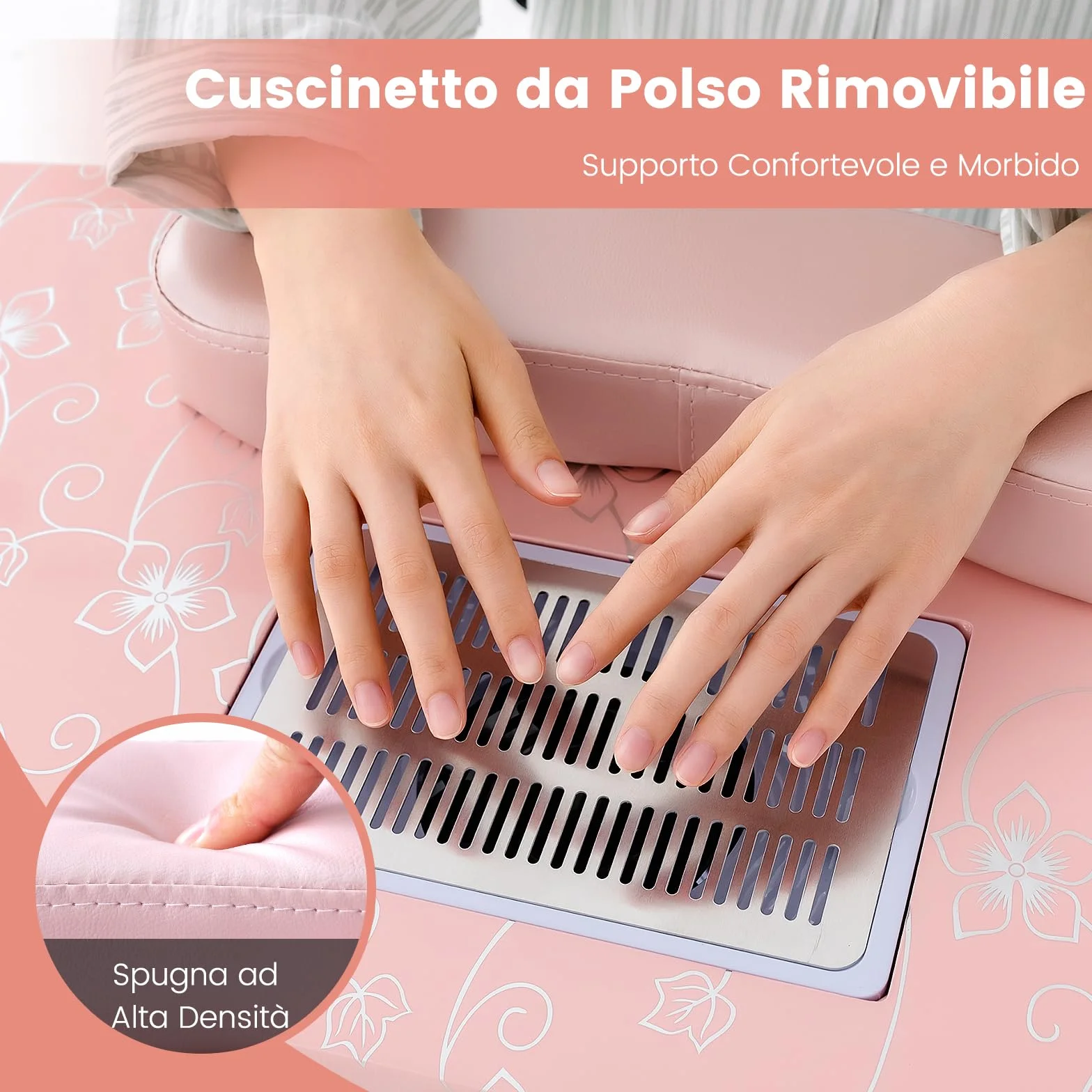 COSTWAY Tavolo per Manicure Pieghevole con Aspiratore, Tavolo per Unghie Portatile con Luce LED Regolabile, Cuscino Poggia Polso Rimovibile, Borsa da Trasporto e 4 Ruote Bloccabili (Rosa)