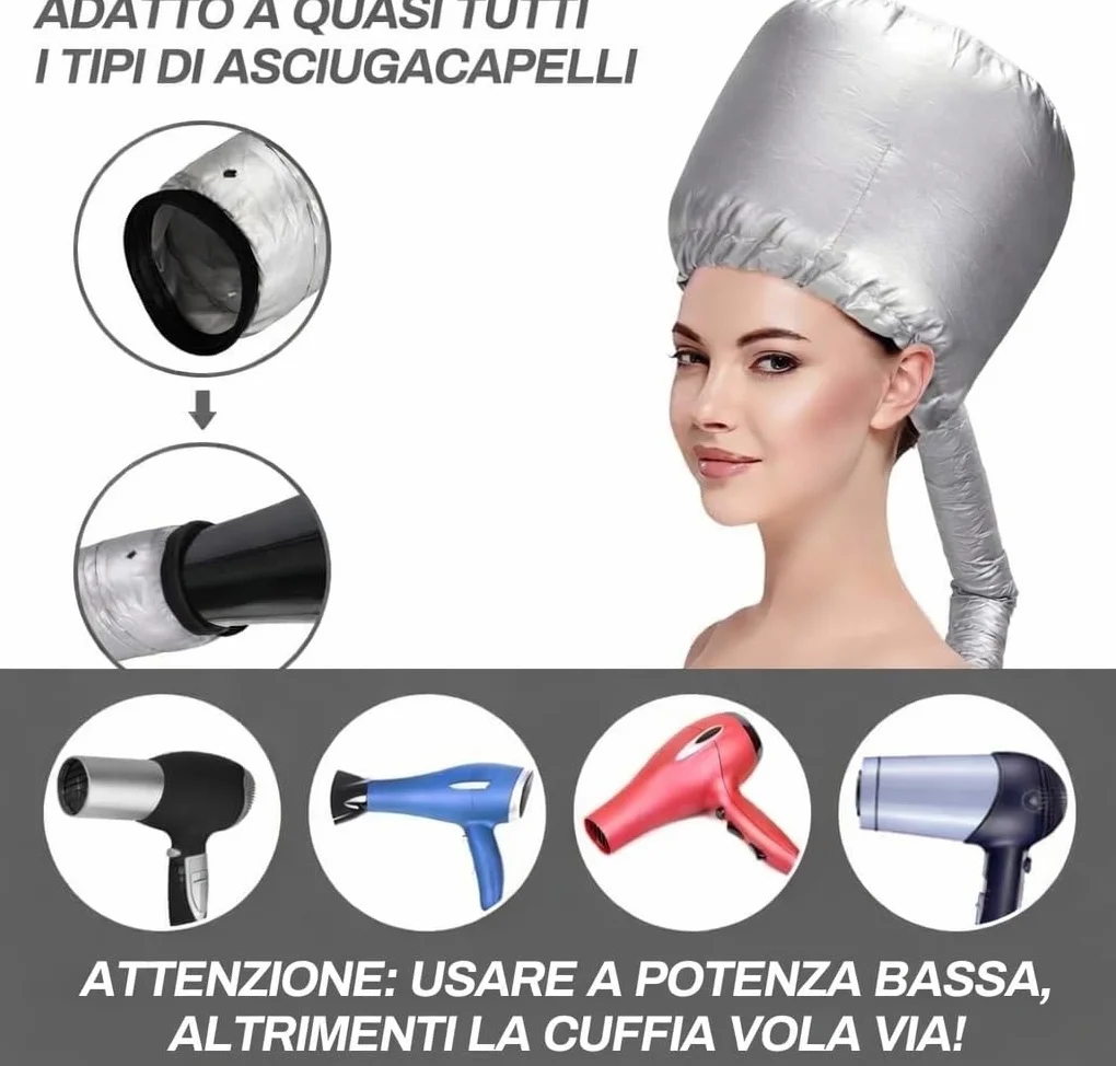 Casco per asciugatura cuffia asciugacapelli elastico attacco a phon grigio portatile professionale capelli ricci