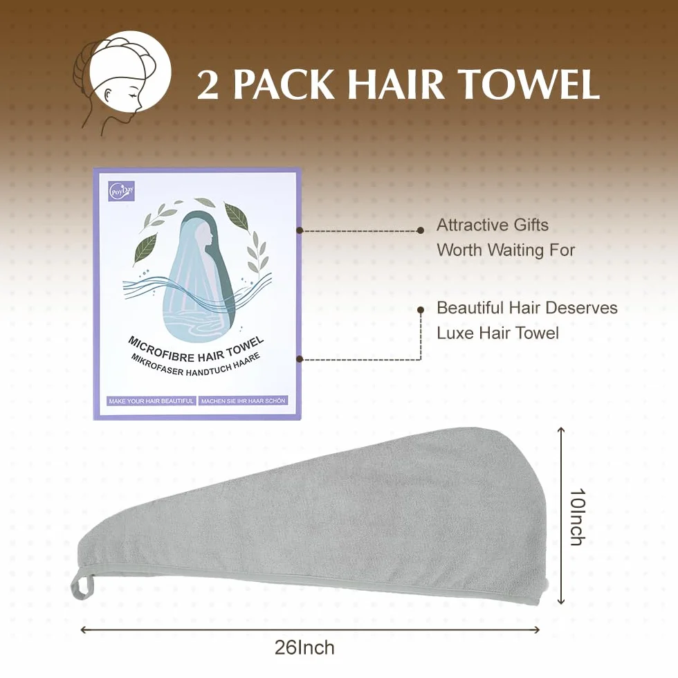 Asciugamani in microfibra per capelli in confezione da 2, turbante anti crespo, ad asciugatura rapida, ad assorbimento rapido, da donna, turbante per capelli ricci e bagnati, per ragazze e