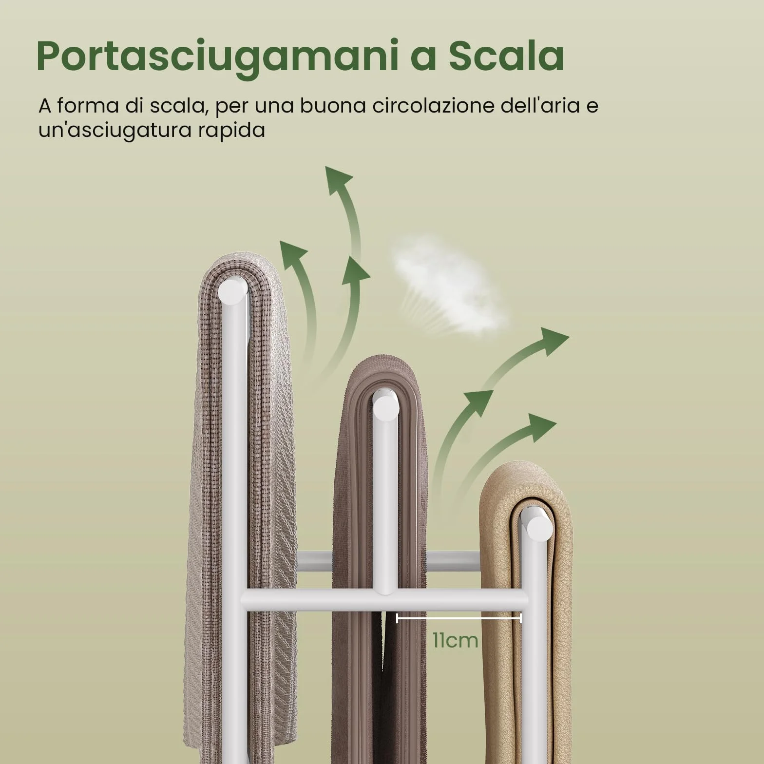 Portasciugamani Indipendente a 3 Livelli, Metallo Bianco + Legno Massello Effetto Rovere