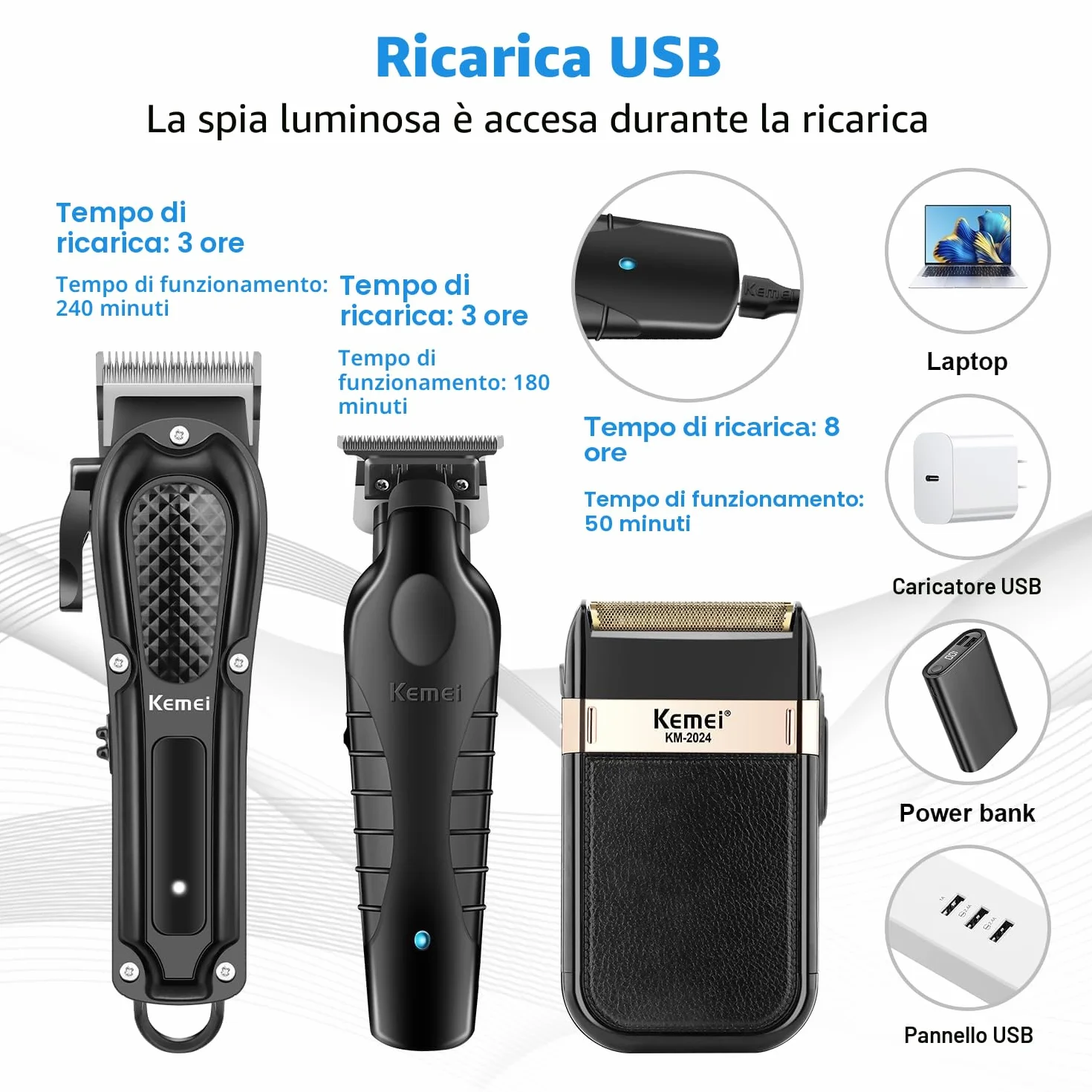 KEMEI Tagliacapelli professionale per uomo, set completo senza fili con trimmer a lama T, rasoio con lamina e 9 pettini guida