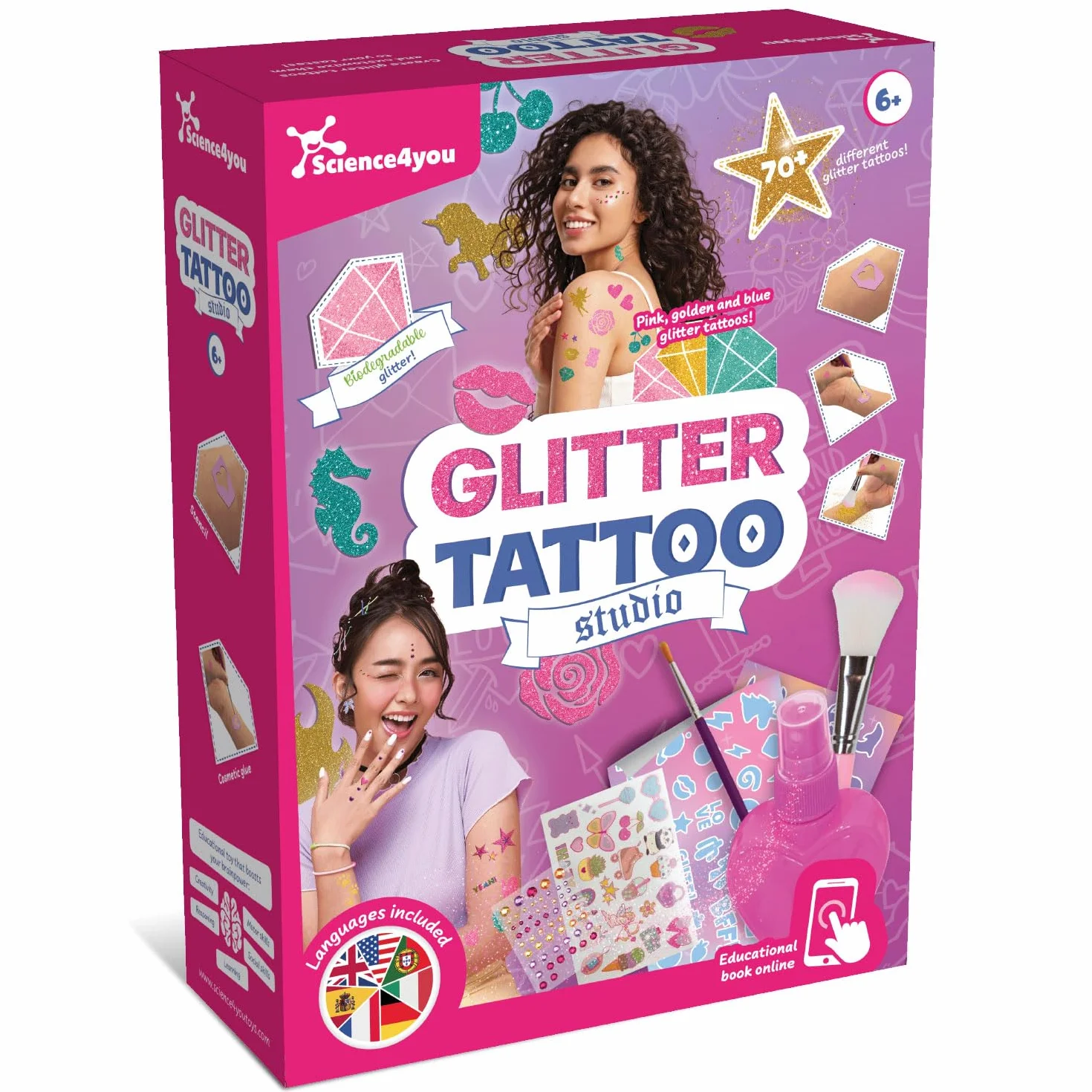 Science4you Tatuaggi Glitter per Bambini di 5 6 7 8 9+ Anni – Kit di Tatuaggi Temporanei Glitterati per Bambini con più di 70 Adesivi di Bellezza, Regalo perfetto per le Ragazze di 5 6 7 8 9+