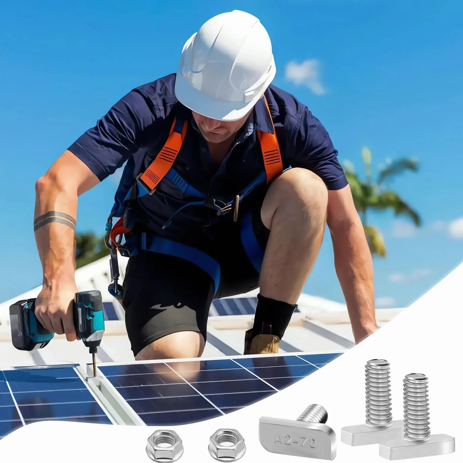 Śruby z łbem młotkowym M10 x 25 A2-70 nierdzewne zestaw z nakrętkami kołnierzowymi do montażu solarnego PV