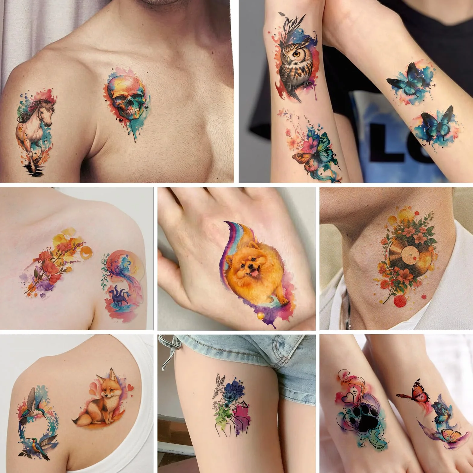 77 Tatuaggi Temporanei Fiori Leoni Tigri, 17 Grandi Disegni Mezzo Braccio Gatti-Gufi-Pappagalli, 60 Mini Lupi Piume Realistici Adulti Bambini