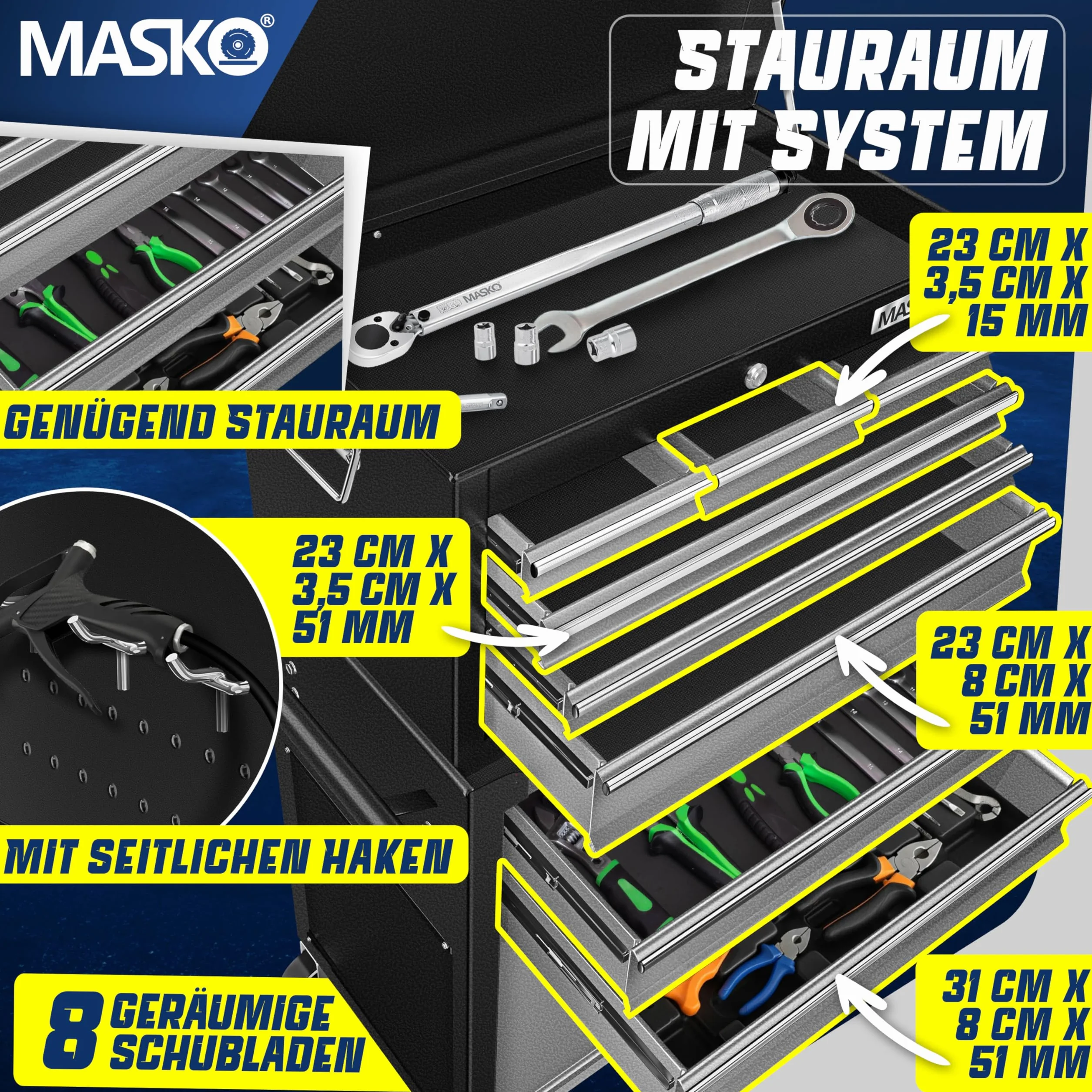 MASKO Carrello da officina con valigetta 9 scomparti chiudibili metallo massiccio portautensili portatile con serratura Nero